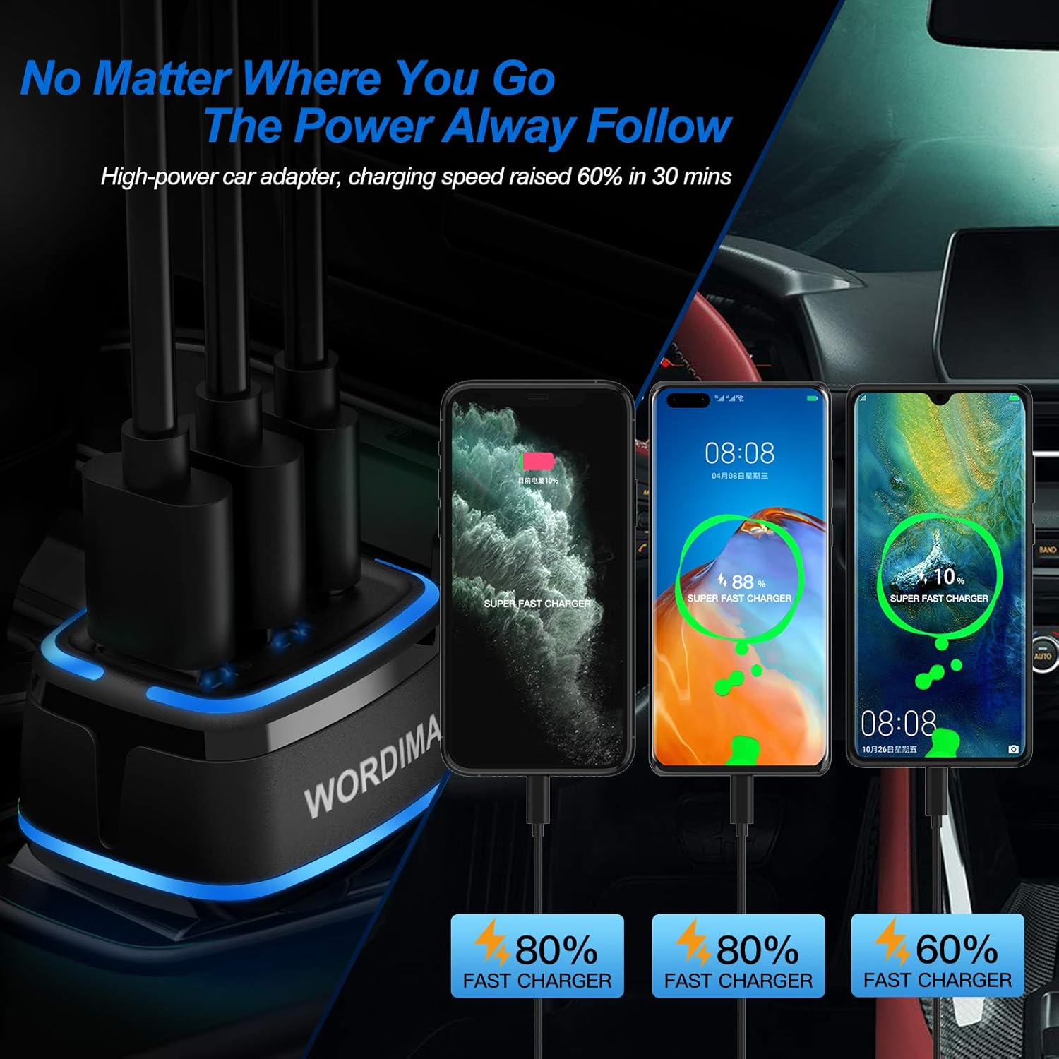 Cargador de coche USB C, cargador rápido WORDIMA de 85 W, 3 puertos, adaptador para encendedor de cigarrillos, compatible con iPhone 15, 14, 13, 12