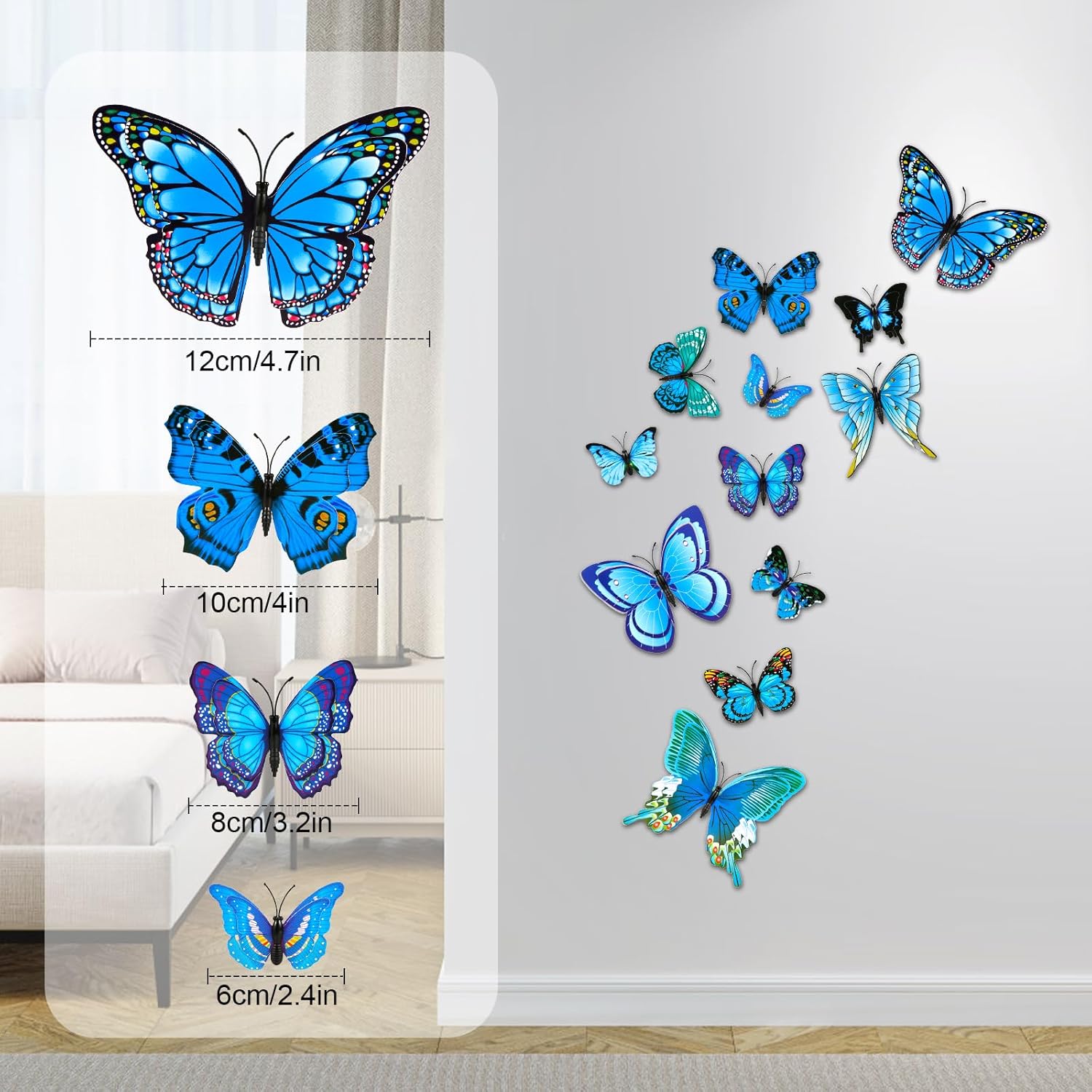 12 calcomanías de pared de mariposa, 3D 4 tamaños de doble cara para patio, imanes flexibles, adhesivos decorativos de mariposa para niños,