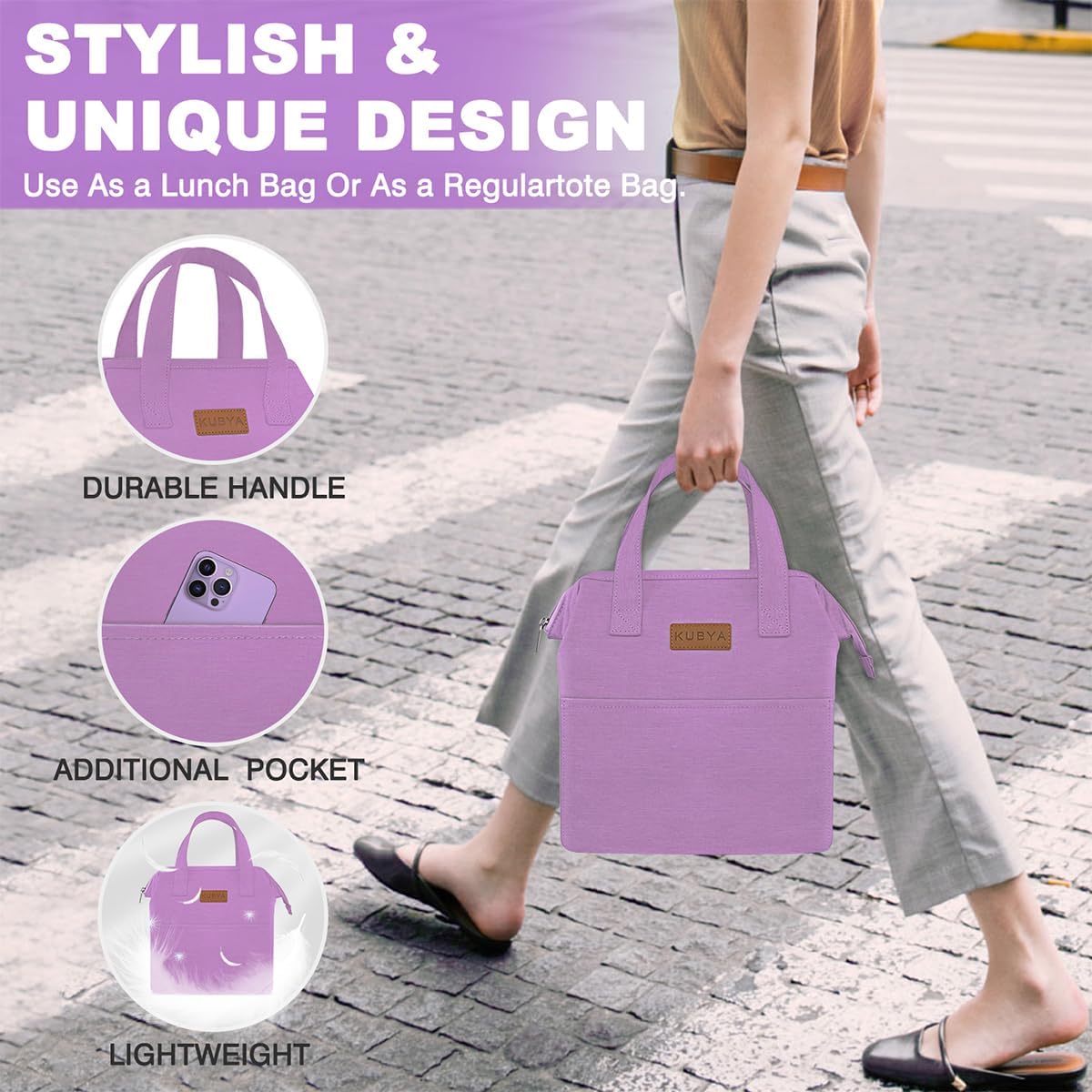 KUBYA Lonchera simple para mujeres y hombres, bolsa de almuerzo aislada y 1 bolsa de almacenamiento, bolsa de almuerzo simple reutilizable para el