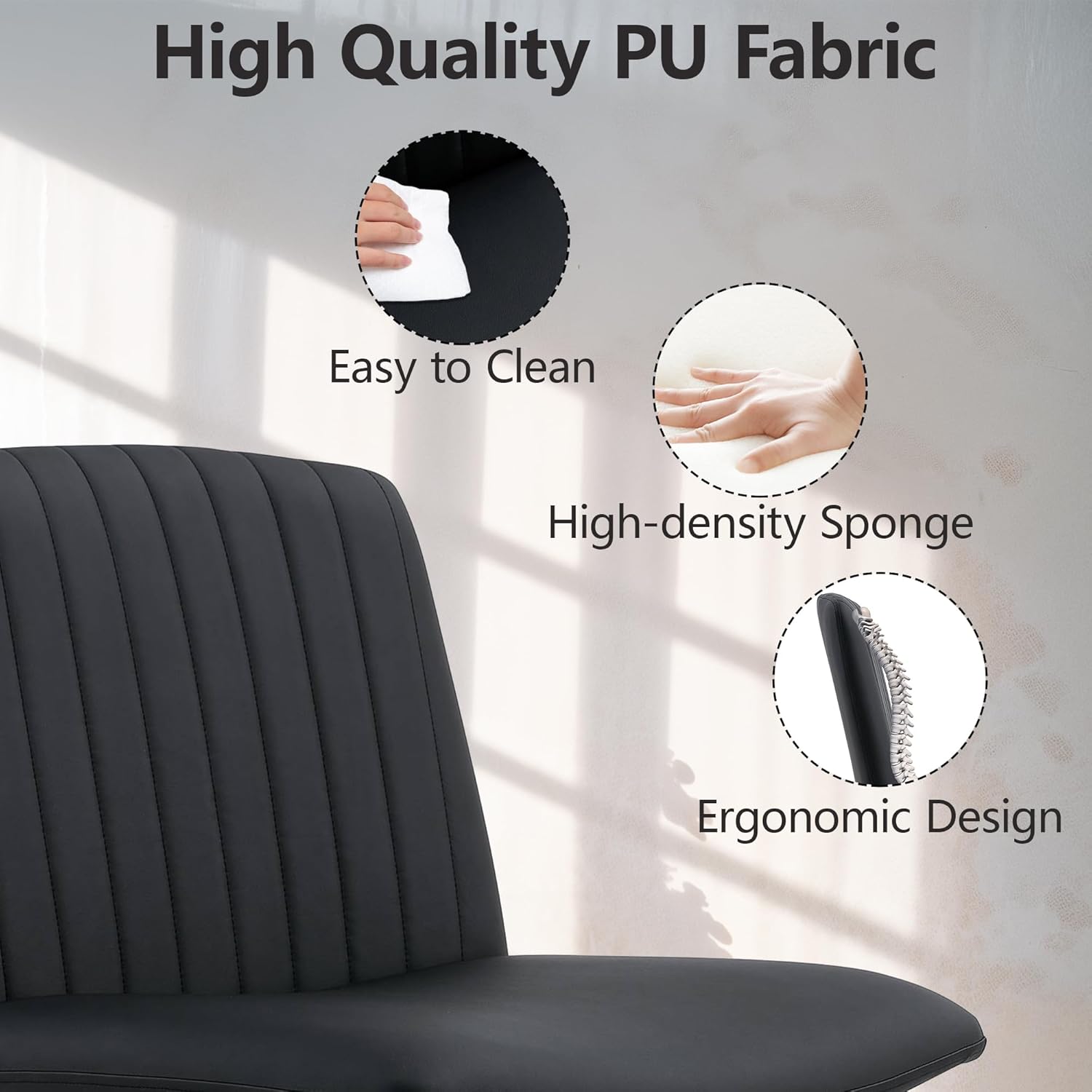 Silla de escritorio de oficina sin reposabrazos, silla giratoria ajustable de poliuretano cruzado con 105 a 120 reclinable elástico y acolchado de
