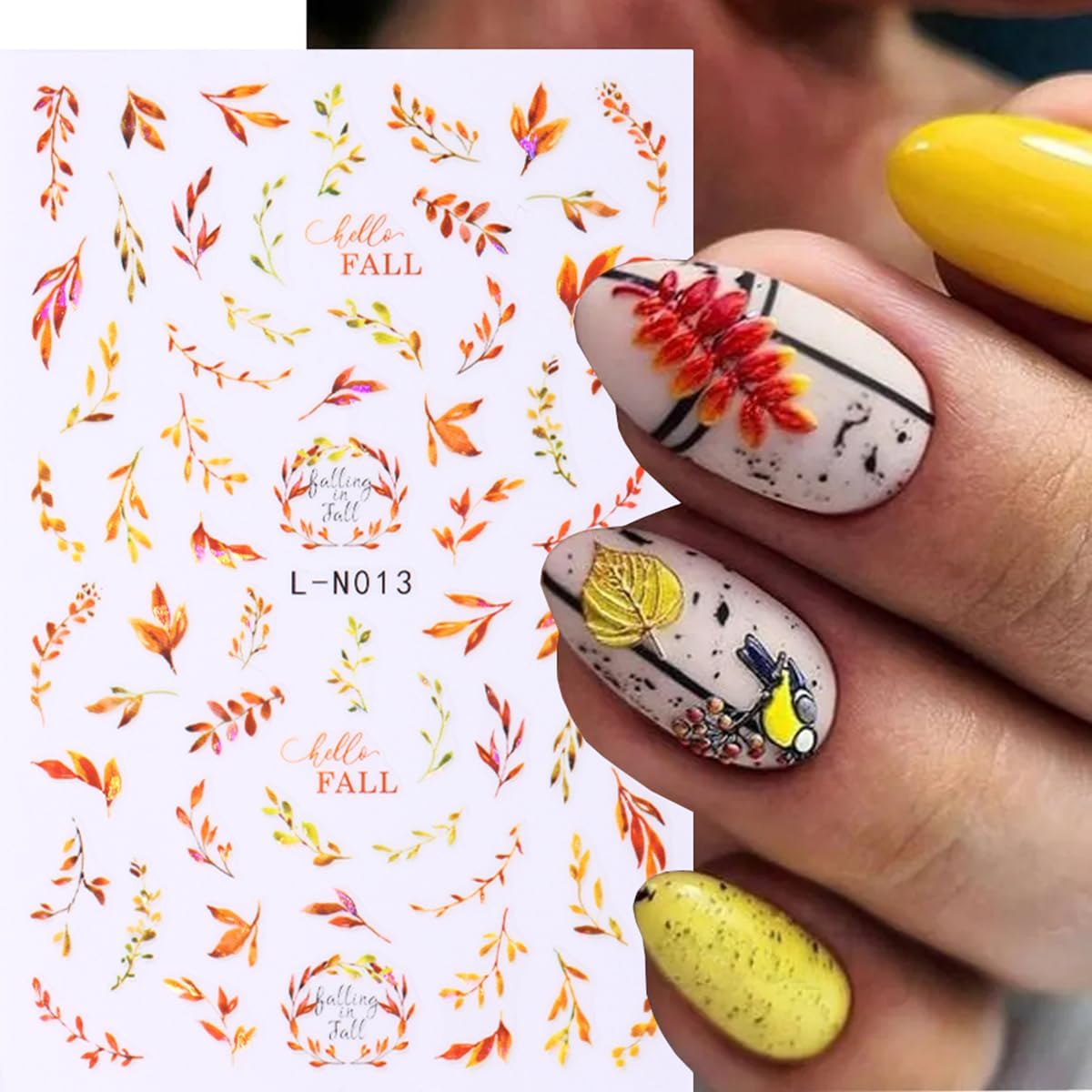 6 hojas de hojas de arce de otoño, calcomanías de arte de uñas, diseños autoadhesivos 3D, hojas de arce de otoño, hongos, calcomanías de uñas para
