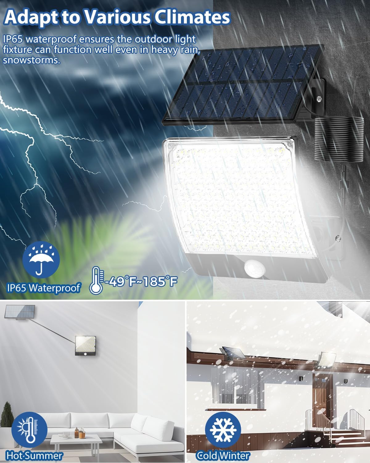 Luces solares para exteriores, 105 luces LED solares con sensor de movimiento, IP65 impermeable, ilumina tu noche para puerta delantera, cobertizo,