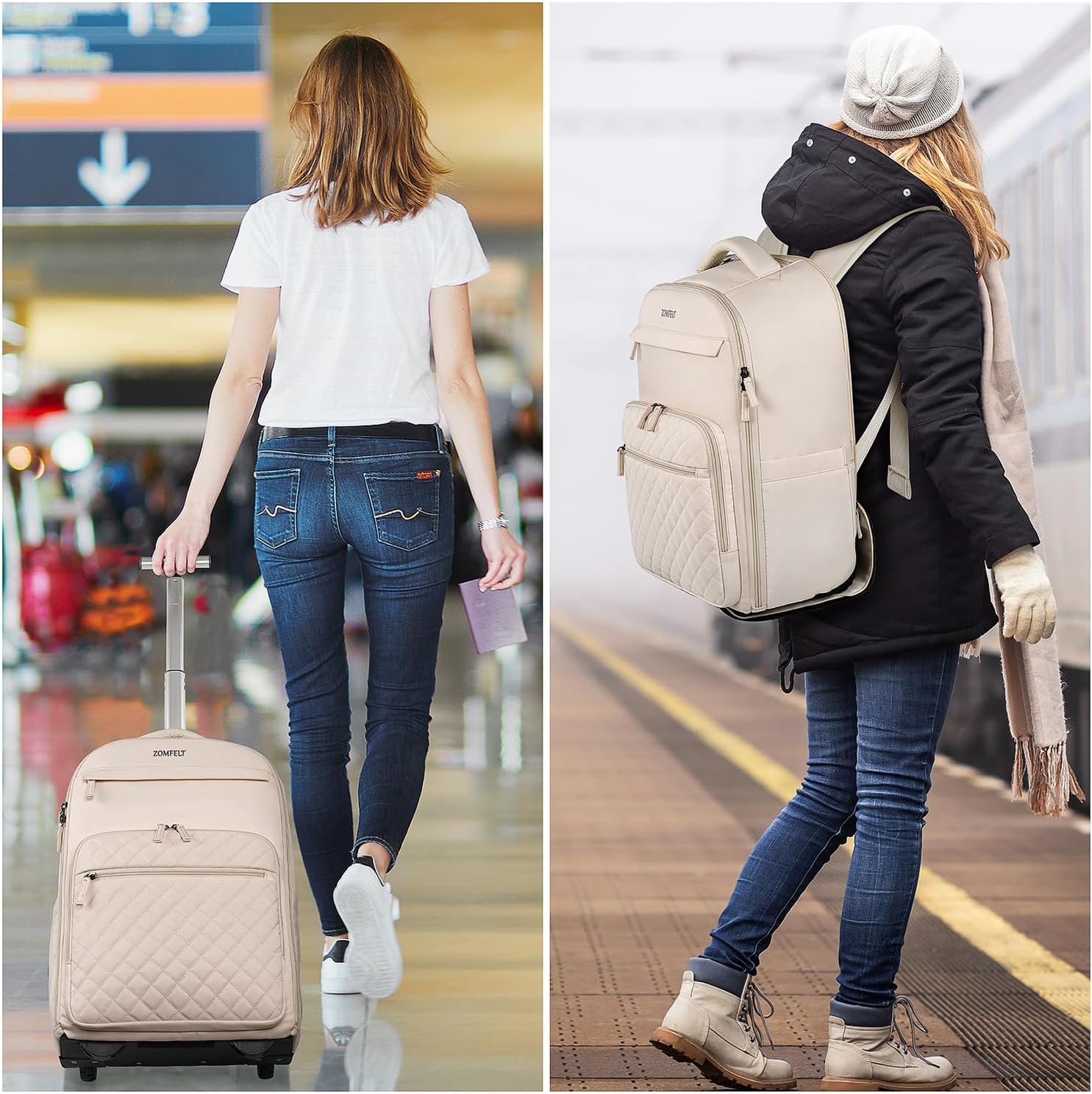 ZOMFELT Mochila con ruedas para mujer, mochila de viaje con ruedas, mochila para laptop de 17 pulgadas con bolsa de aseo, mochila de mano con ruedas