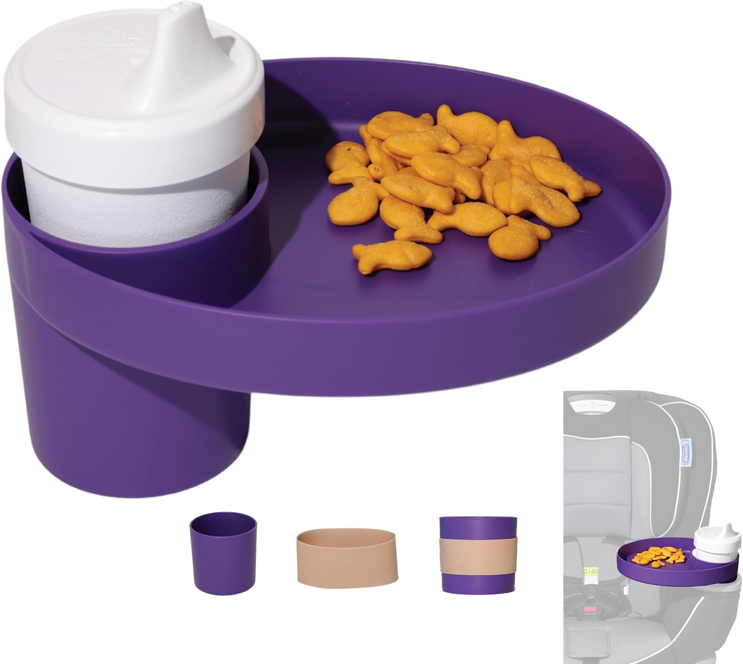 My Travel Tray Oval, fabricado en Estados Unidos. Extiende tu portavasos actual para sostener tu taza más una bandeja para aperitivos, juguetes y