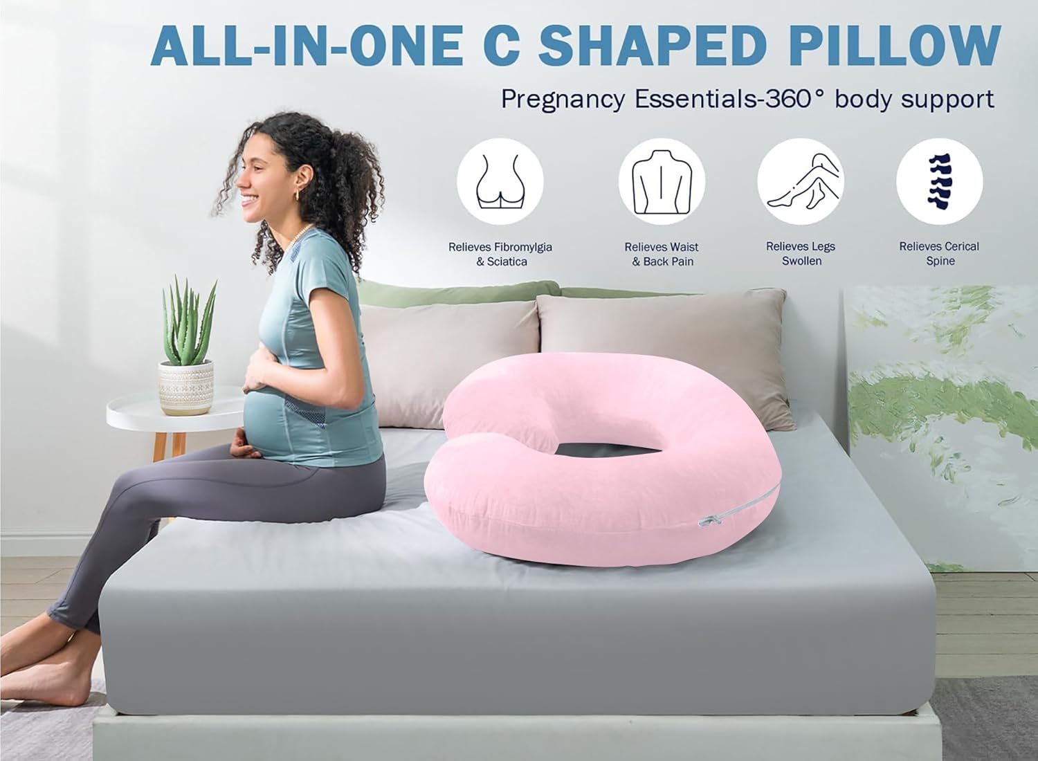 Almohadas de embarazo de 60 pulgadas, almohada de cuerpo completo en forma de C, funda de algodón egipcio, rosa claro, almohadas de embarazo para