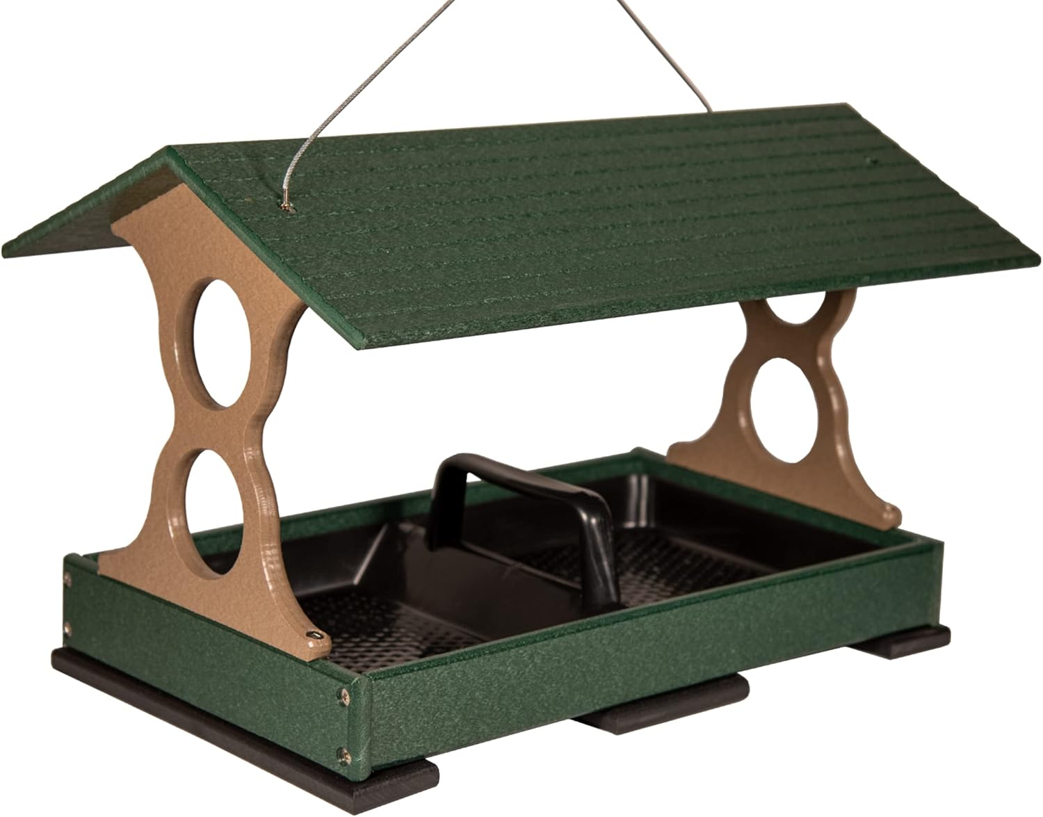 JCs Wildlife Comedero grande para pájaros verde y marrón con bandeja extraíble para semillas con orificios de drenaje, capacidad para 8 tazas de