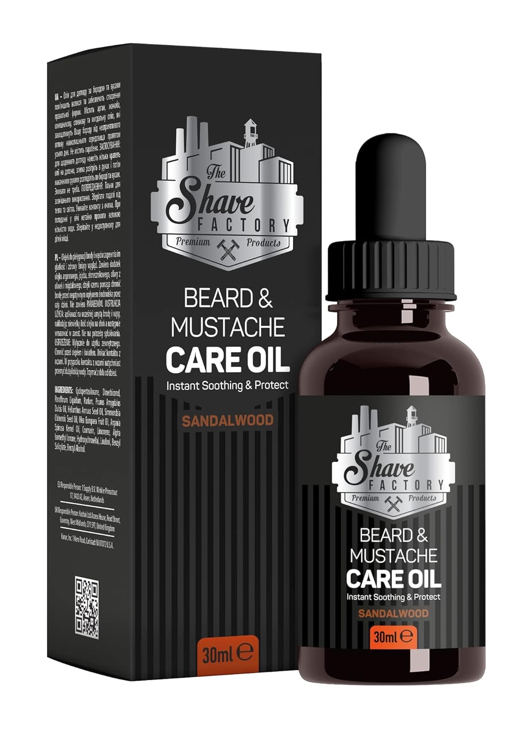 the shave factory Aceite para el cuidado de barba y bigote con sándalo, producto para peluqueros profesionales y entusiastas del afeitado y aseo