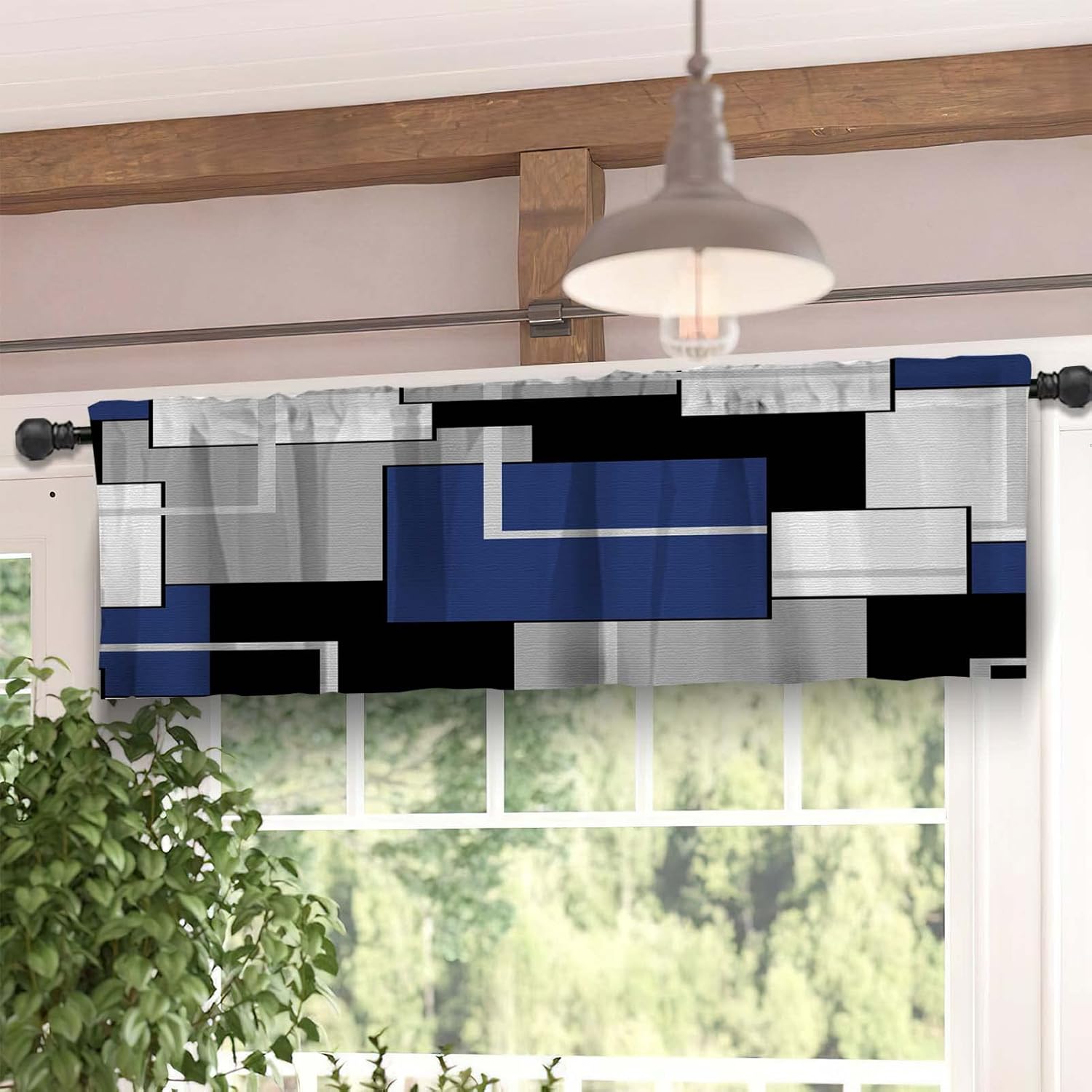 MCALK Juego de cortinas de cocina azul marino, 3 piezas para ventanas, arte geométrico moderno, juego de cortinas de ventana de cocina, cenefas