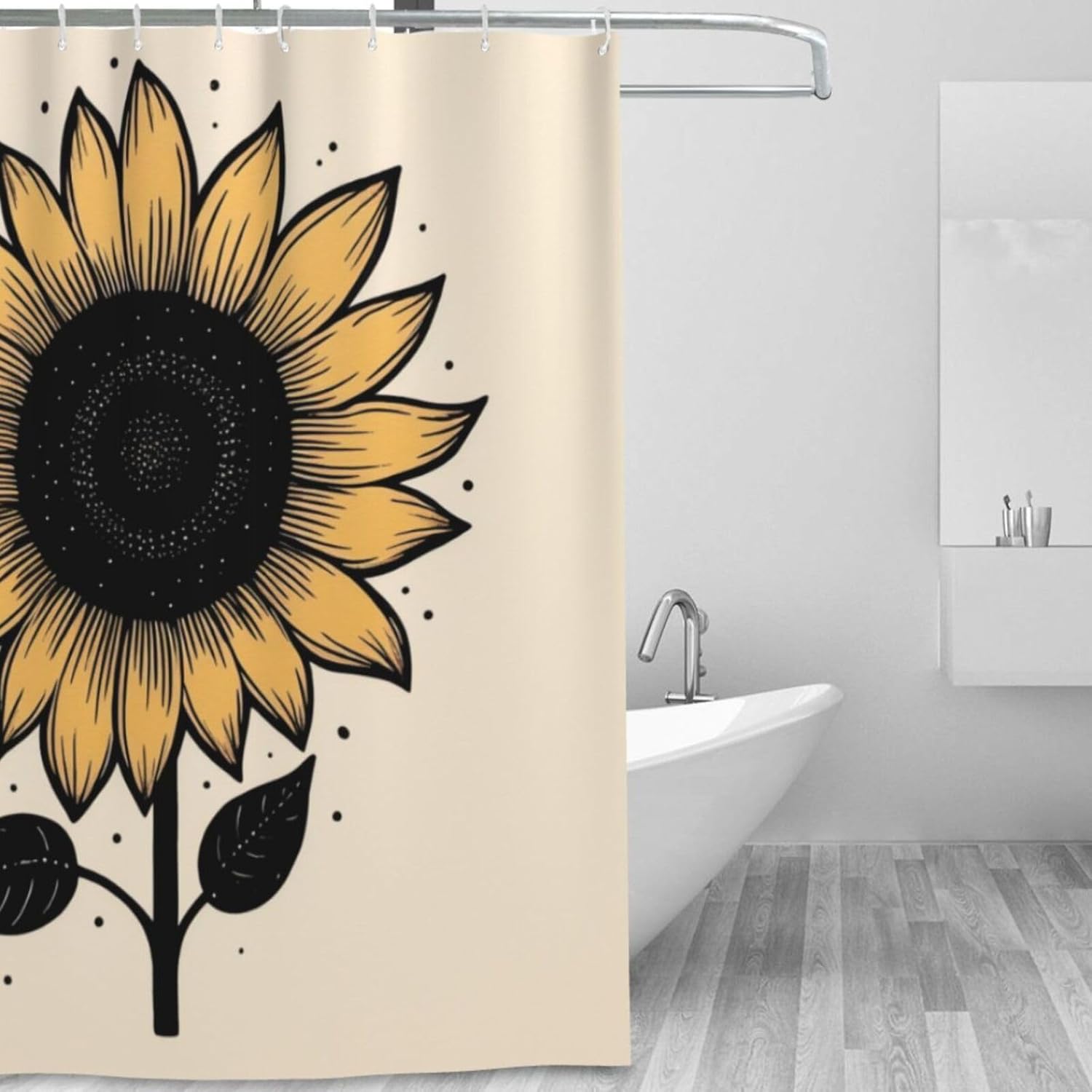 YLATY2371 – Cortina de ducha con diseño de girasoles para baño, pétalos florales amarillos, hojas negras, juego de cortina de ducha bohemia, tela