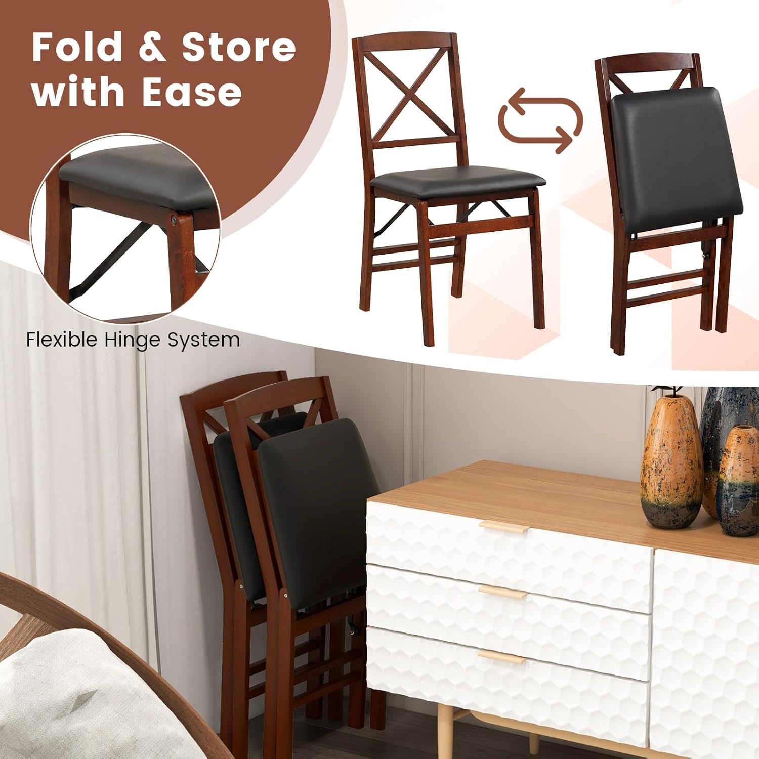 Giantex Juego de 2 sillas de comedor plegables de madera con asiento acolchado, marco de madera maciza, carga máxima de 400 libras, sin montaje,