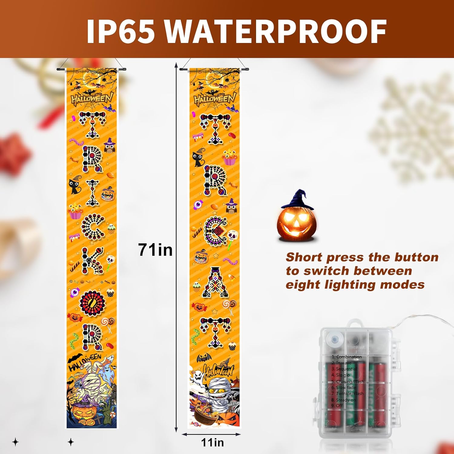 Cartel de decoración de Navidad de Halloween para porche  Letrero con cadena de luz LED, cartel reversible colgante de Feliz Navidad y truco o trato