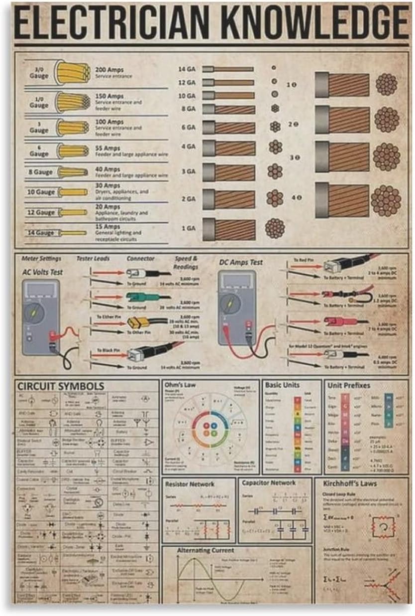 ESyem Póster de conocimiento de electricista, póster vintage para circuito eléctrico, pósteres e impresiones artísticas de pared para sala de estar,