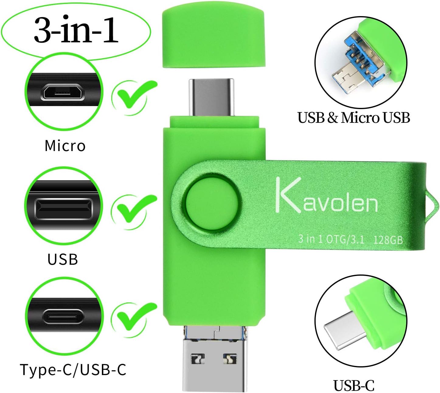 Kavolen – Memoria flash de alta velocidad 3 en 1 de 256 GB para PCportátilteléfonos Android. Memoria de fotos para Samsung Galaxy, LG, Google Pixel,