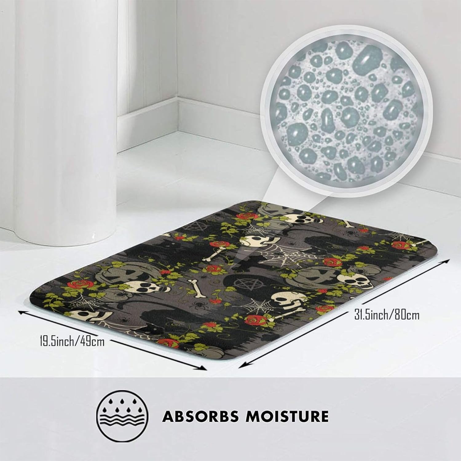 Gothic Halloween with Red Roses Scary Fashion Bathroom Rug Bath Mat Non-Slip Bath Rug Soft Floor Mats for Tub Sink Shower 19.5×31.5 Inch