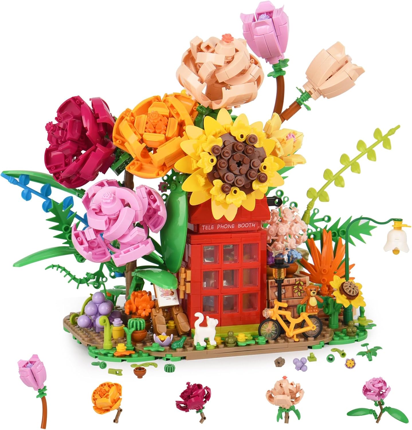 Allhero Juego de construcción de ramo de rosas con cabina telefónica, bicicleta, lindo animal, kit de construcción de ramo de flores coloridas para