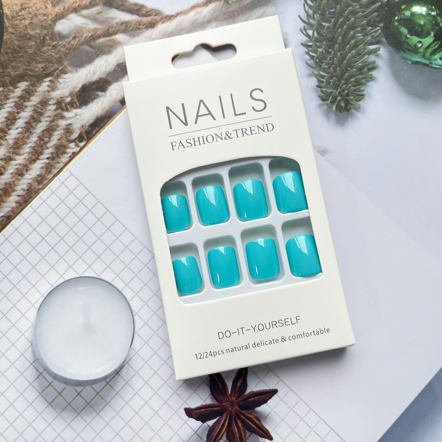 Uñas postizas cortas de forma cuadrada, uñas acrílicas azules, uñas acrílicas de color puro, cobertura completa, lindas uñas postizas artificiales