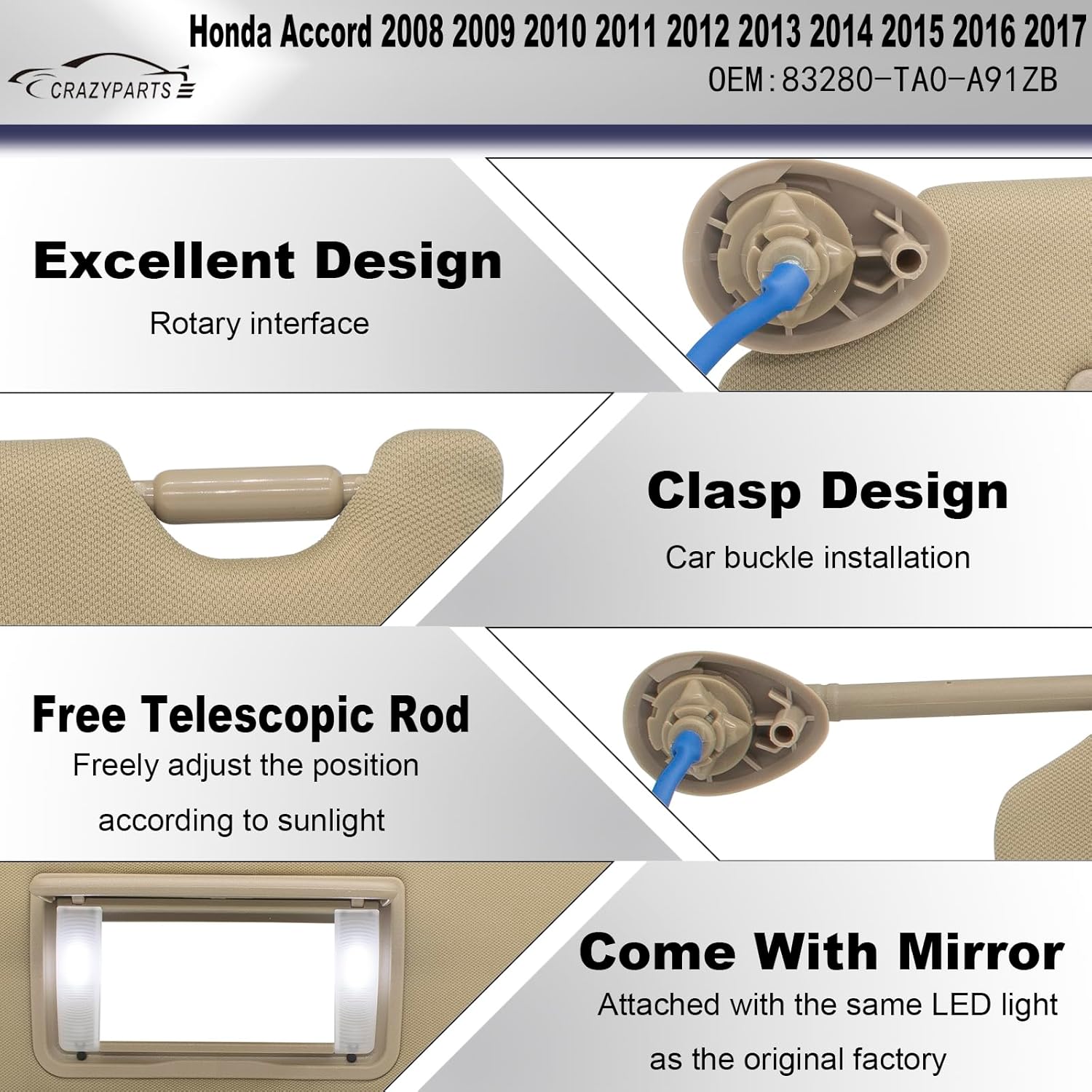 Reemplazo de visera solar del lado izquierdo del conductor compatible con Honda Accord 2008 2009 2010 2011 2012 2013 2014 2015 2016 con luz LED de