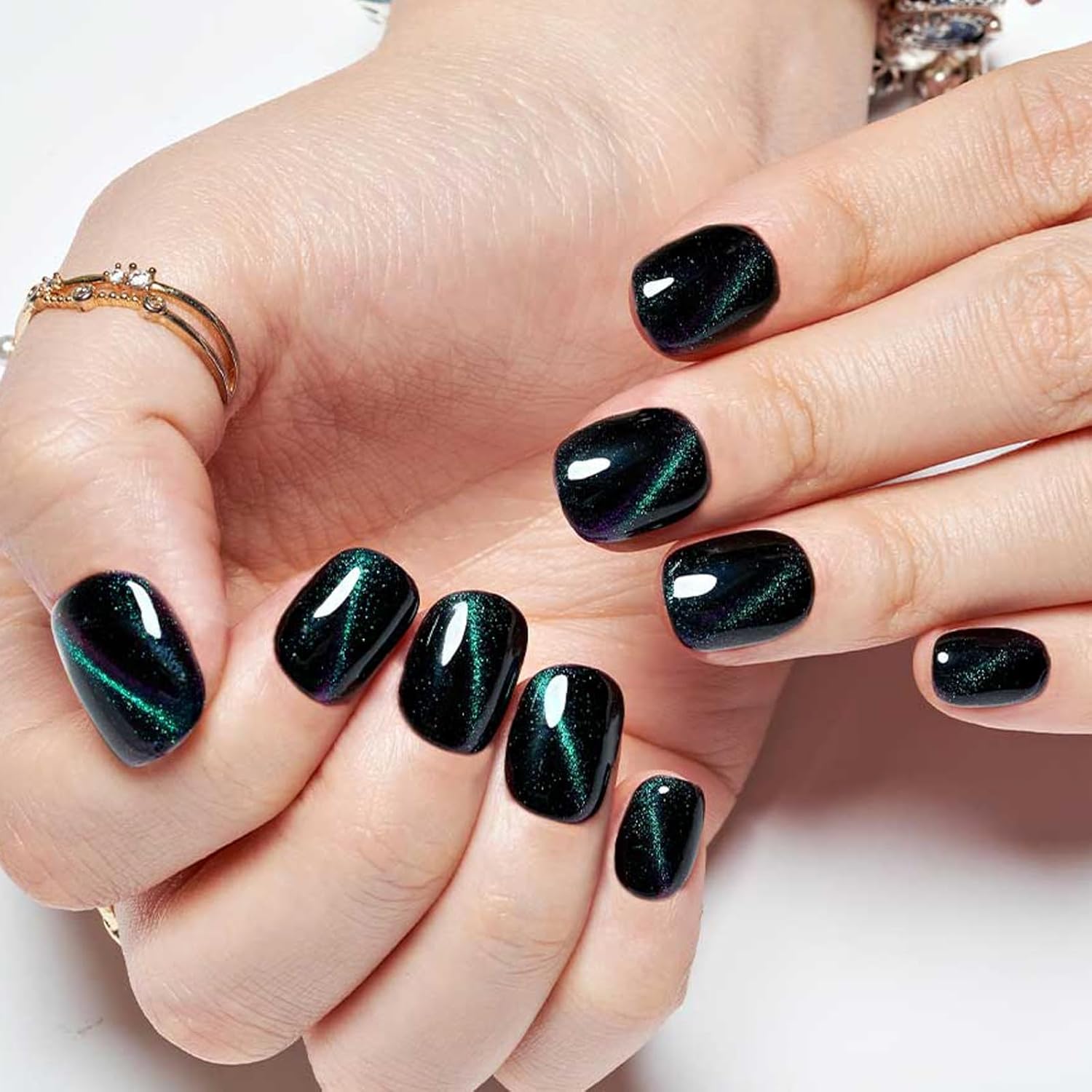 GLAMERMAID – Uñas de gel a presión con diseño de ojos de gato, cuadradas, hechas a mano, con purpurina negra y verde, uñas postizas cortas ovaladas
