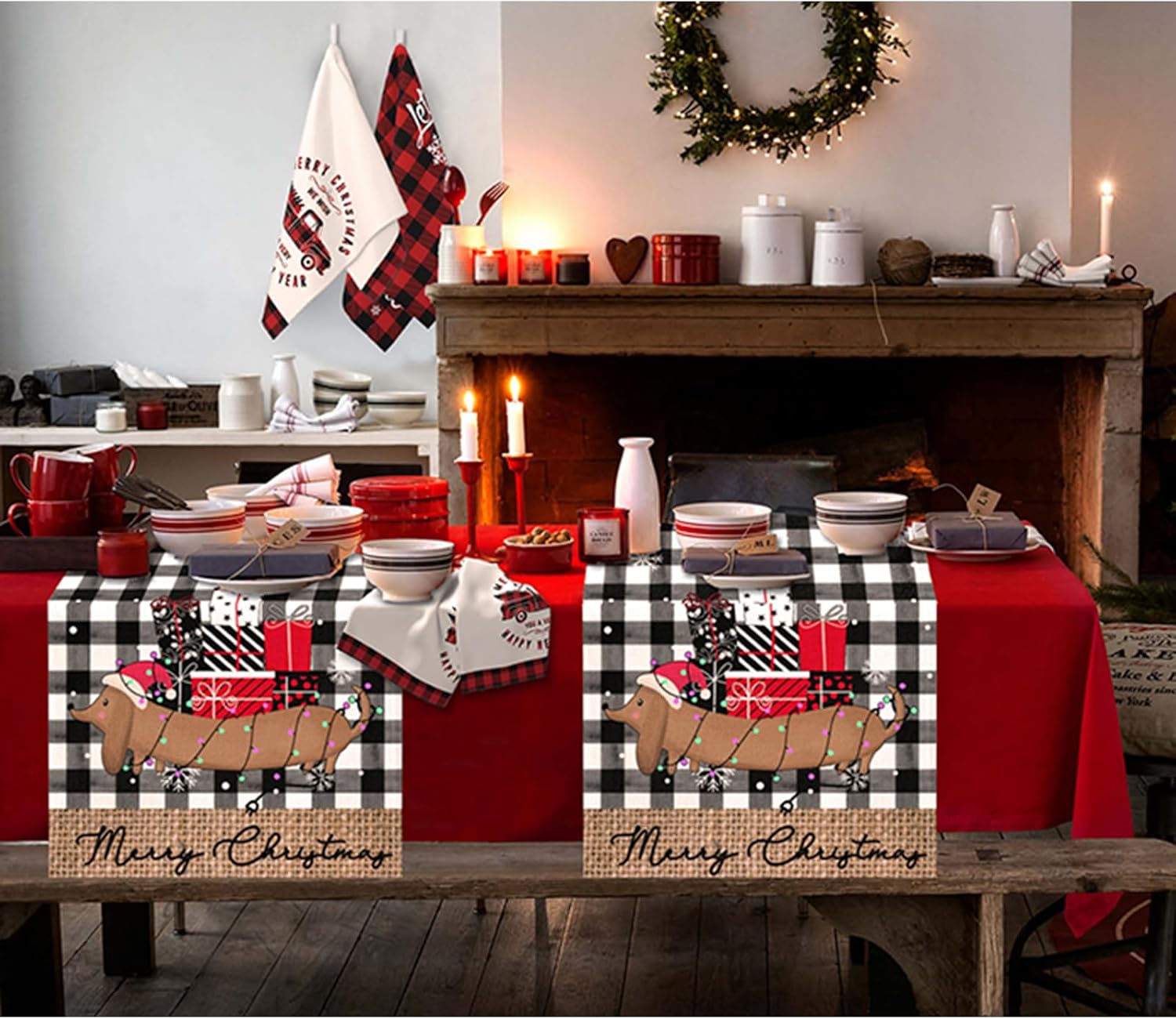 Camino de mesa de Navidad de 90 pulgadas de largo, búfalo negro, a cuadros, regalo de Navidad, decoración de mesa para el hogar, cocina, comedor,