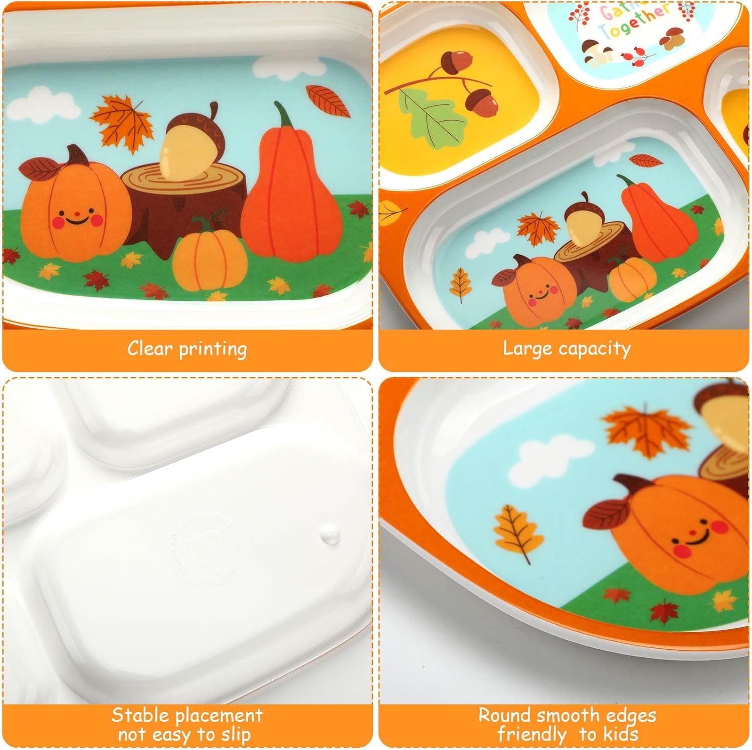 Suttmin Juego de 8 platos divididos de otoño para niños, platos divididos de otoño para niños, platos de plástico a granel con temática de Acción de