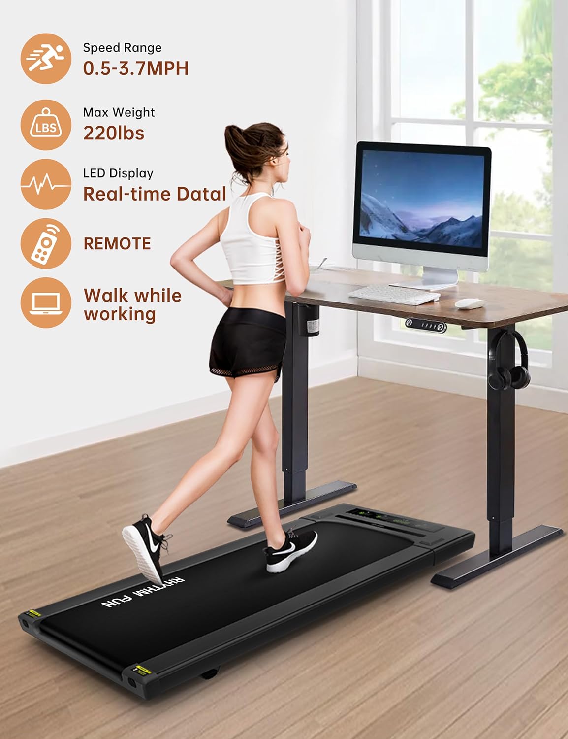 RHYTHM FUN Almohadilla para caminar, caminadora debajo del escritorio con cinturón ancho de 2.5 HP portátil para caminar debajo del escritorio para