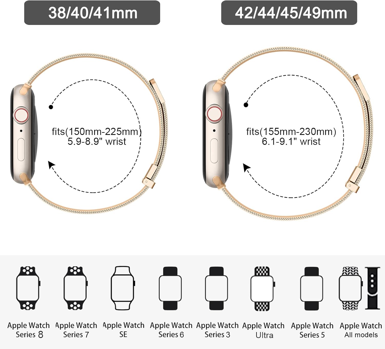Vanjua Correa de metal compatible con correas de Apple Watch de 1.614 in 1.575 in 1.496 in 1.654 in 1.732 in 1.772 in 1.929 in, correa de repuesto