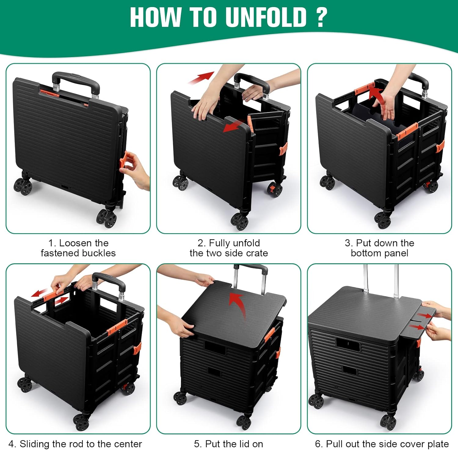 Foldable Utility Cart Folding Portable Rolling Crate with Magnetic Extended Lid,360Rotate Wheels,176LBS Load Capacity,Heavy Duty Durable Dolly Cart