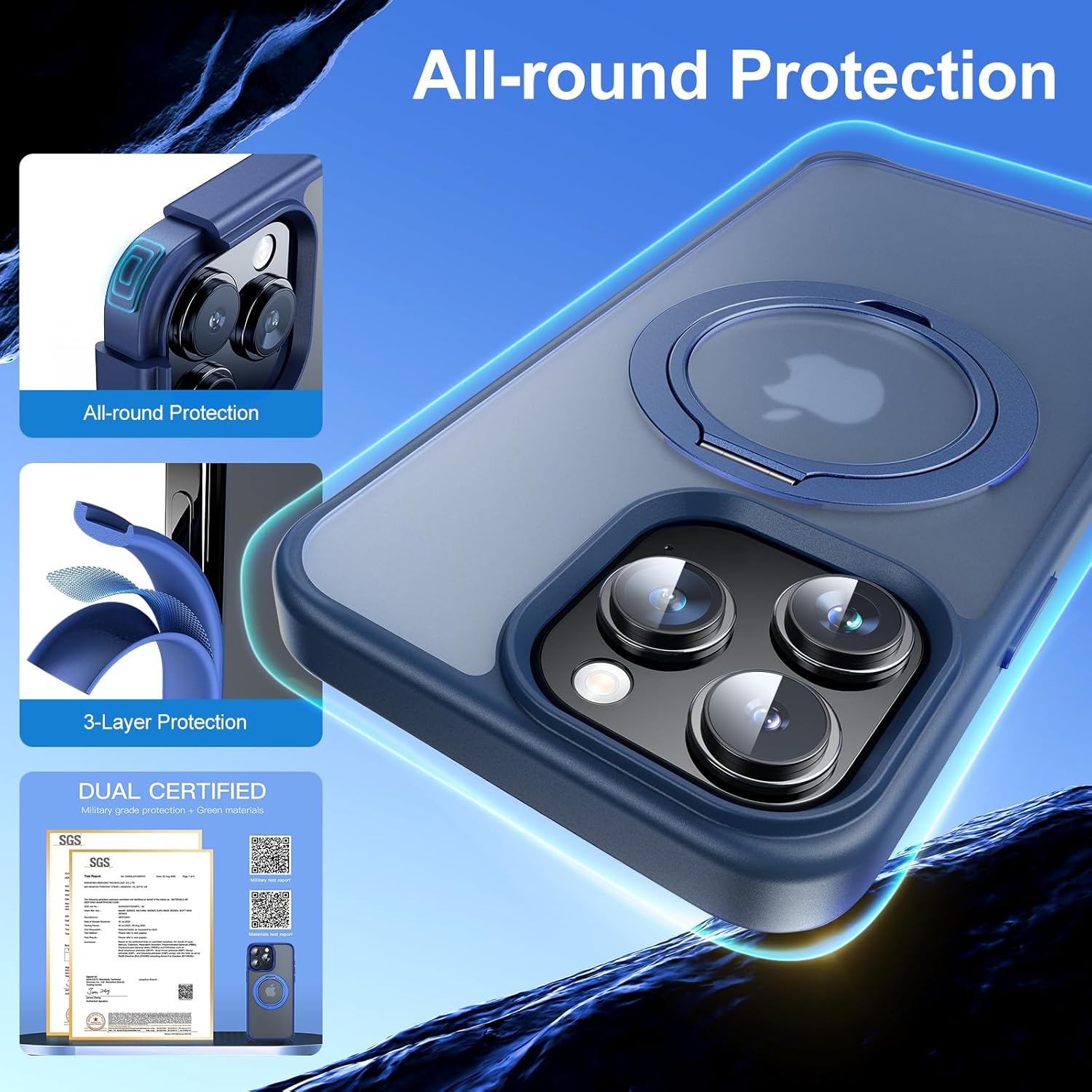 Facbiny Funda diseñada para iPhone 15 Pro con soporte magnético invisible compatible con Magsafe protección militar contra caídas, anillo magnético