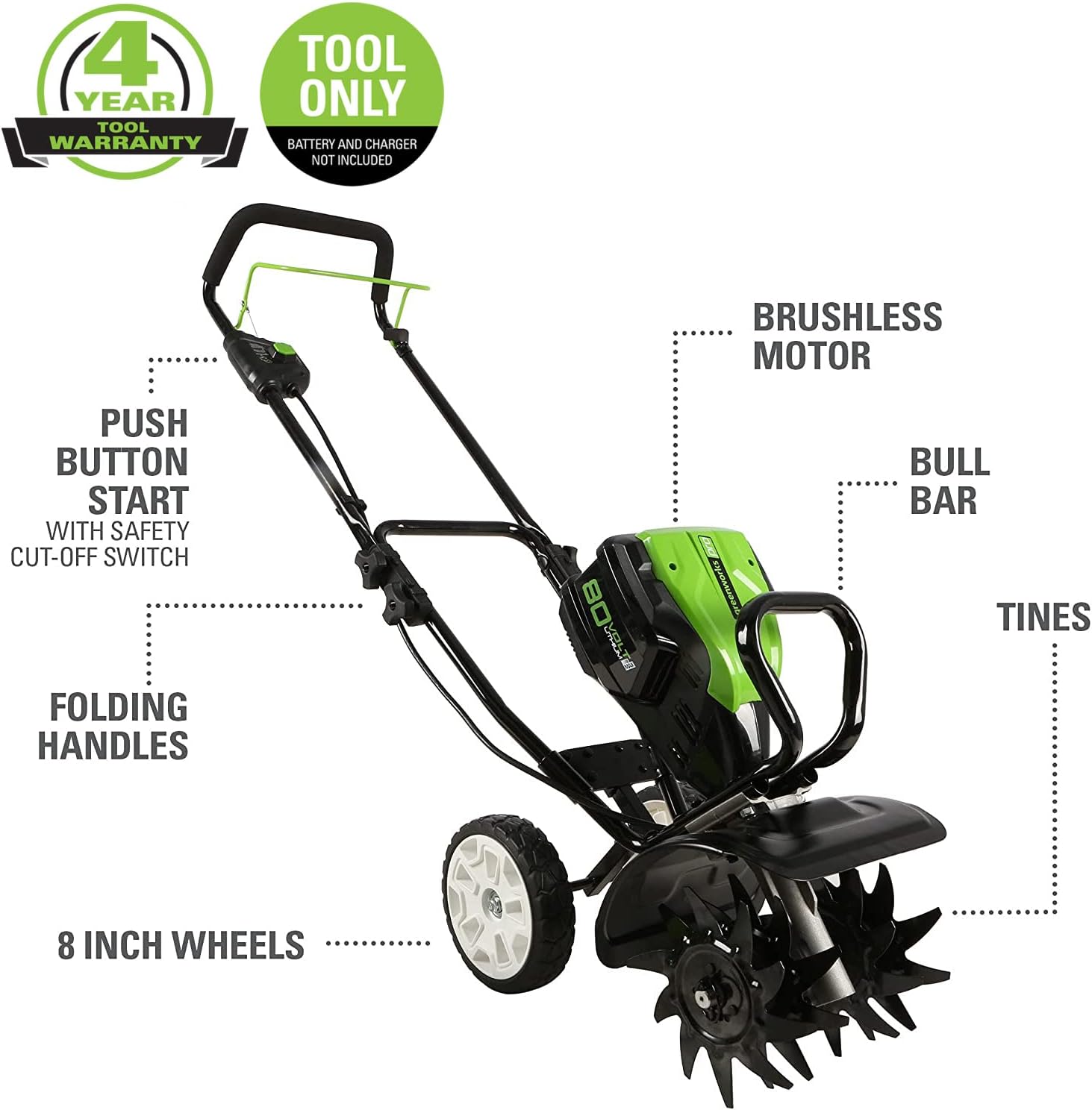 Greenworks Pro TL80L00 cultivador inalámbrico de 80 V y 10 pulgadas, solo herramienta, TL80L00