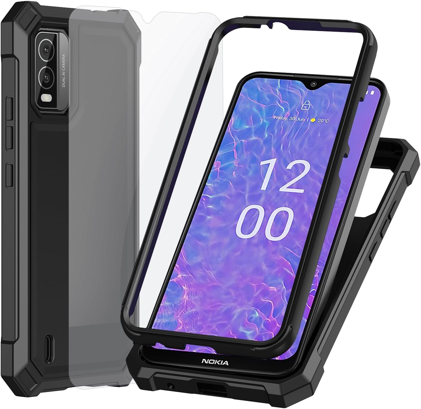 Ailiber Funda para Nokia C210, Nokia C210 con protector de pantalla de vidrio templado, protección de estructura de 2 capas, esquinas a prueba de