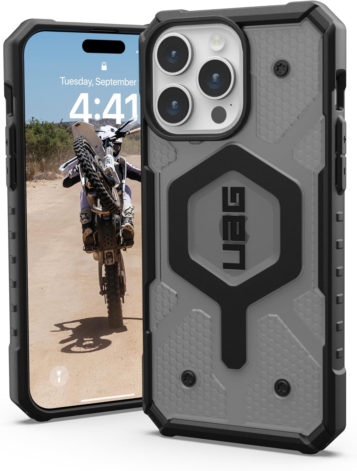 URBAN ARMOR GEAR UAG – Funda compatible con iPhone 15 Pro Max de 6.7 pulgadas, Pathfinder transparente cenizanegro, imán integrado compatible con