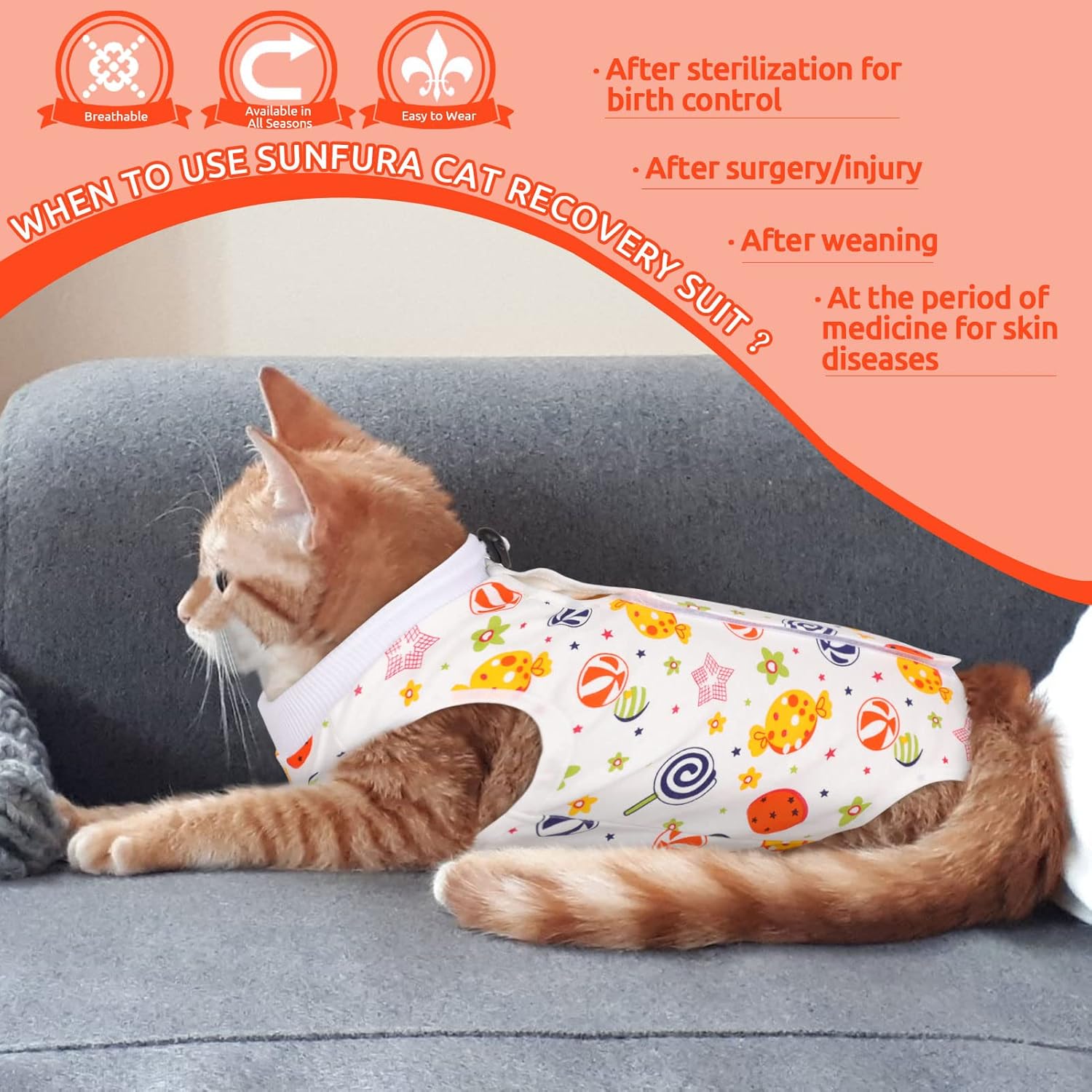 SUNFURA Traje de recuperación para gatos, body quirúrgico completo para protector de heridas abdominales, antilamidas después de la cirugía,