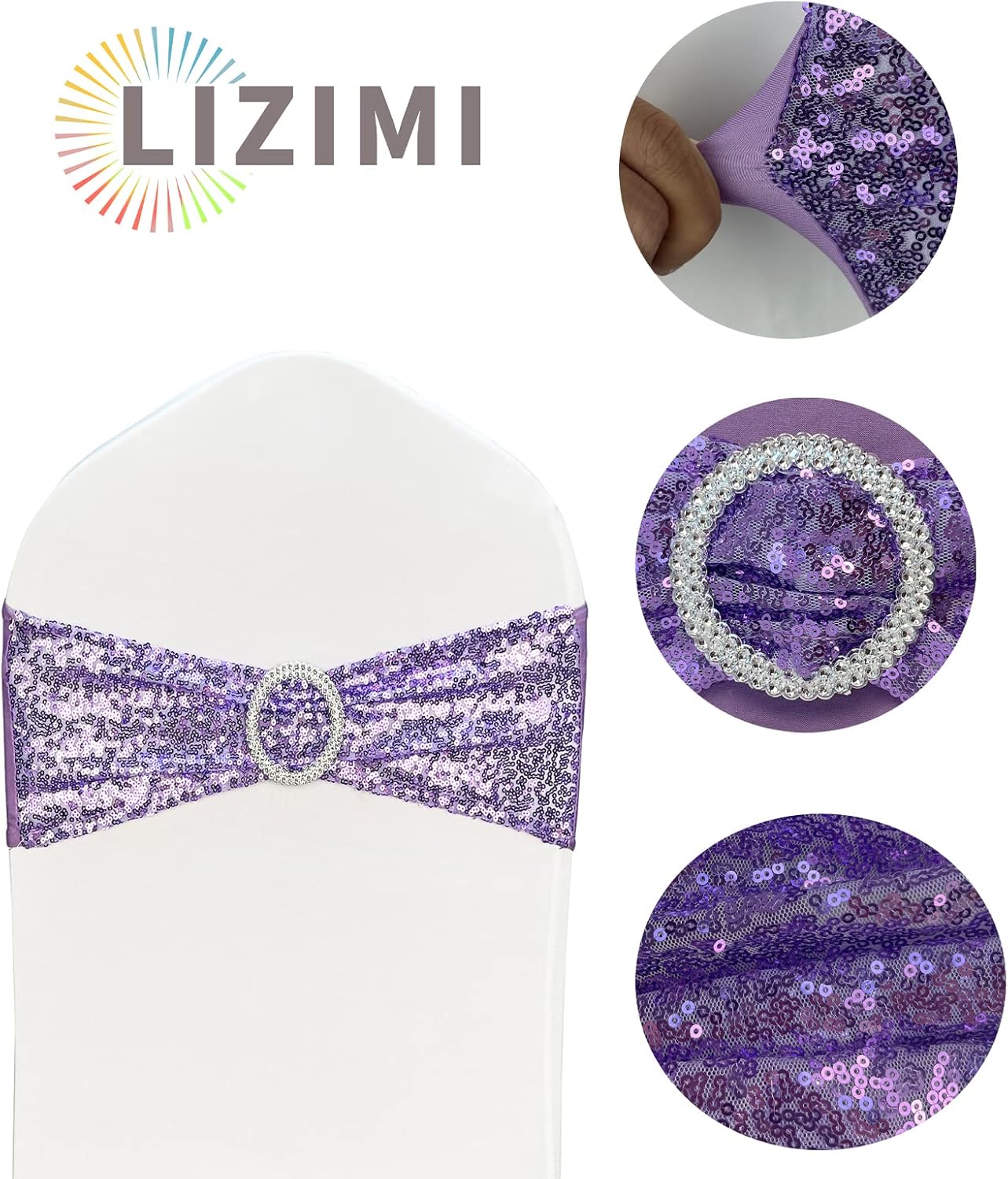Bandas elásticas de lentejuelas para silla, lazos de poliéster de elastano para fiestas, hoteles, bodas, banquetes, decoración, 6 unidades, lavanda