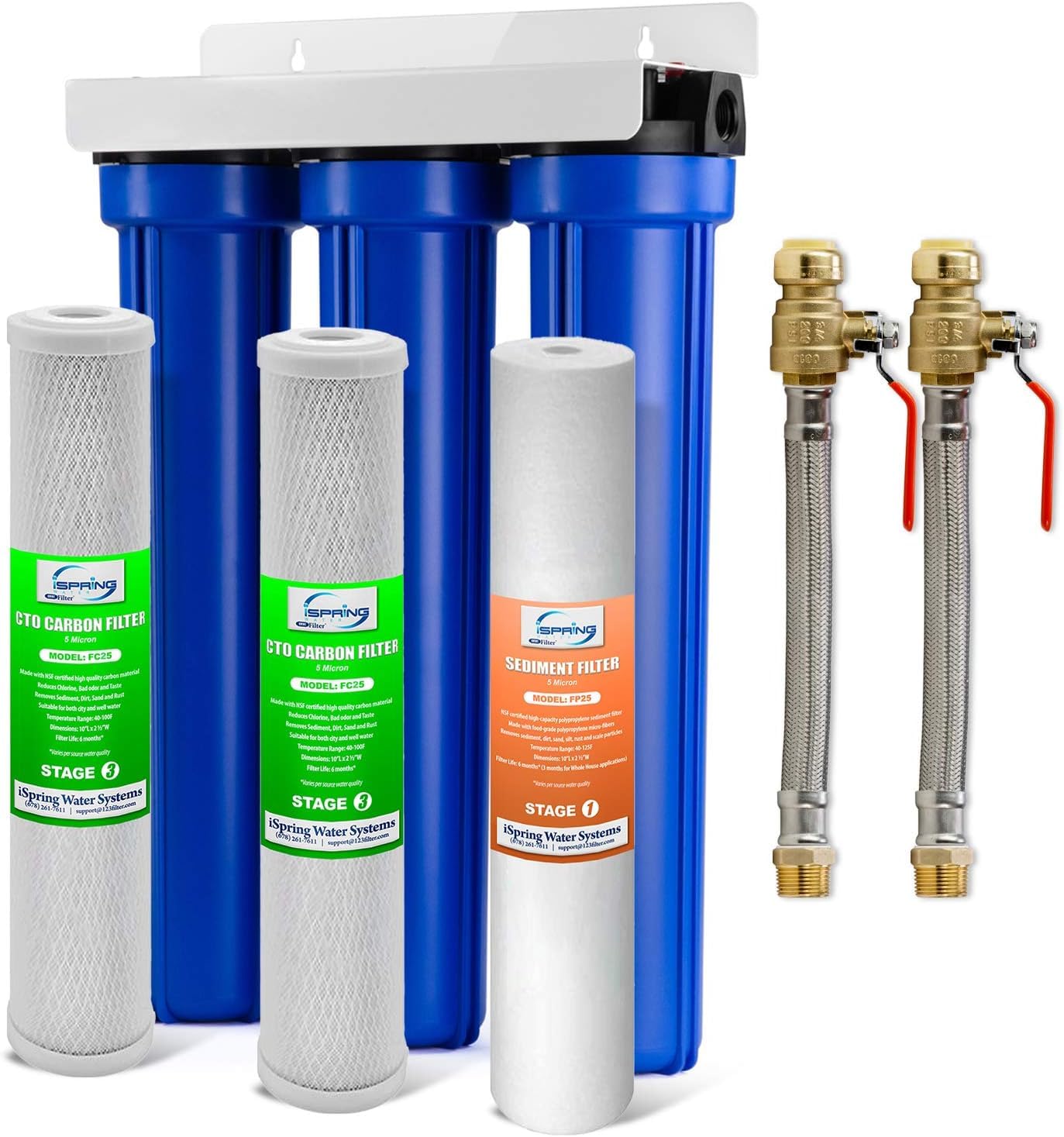 iSpring WCB32O+AHPF12MNPT12X2 Sistema de filtración de agua de 3 etapas para toda la casa con filtros de sedimentos finos y bloques de carbono de 20