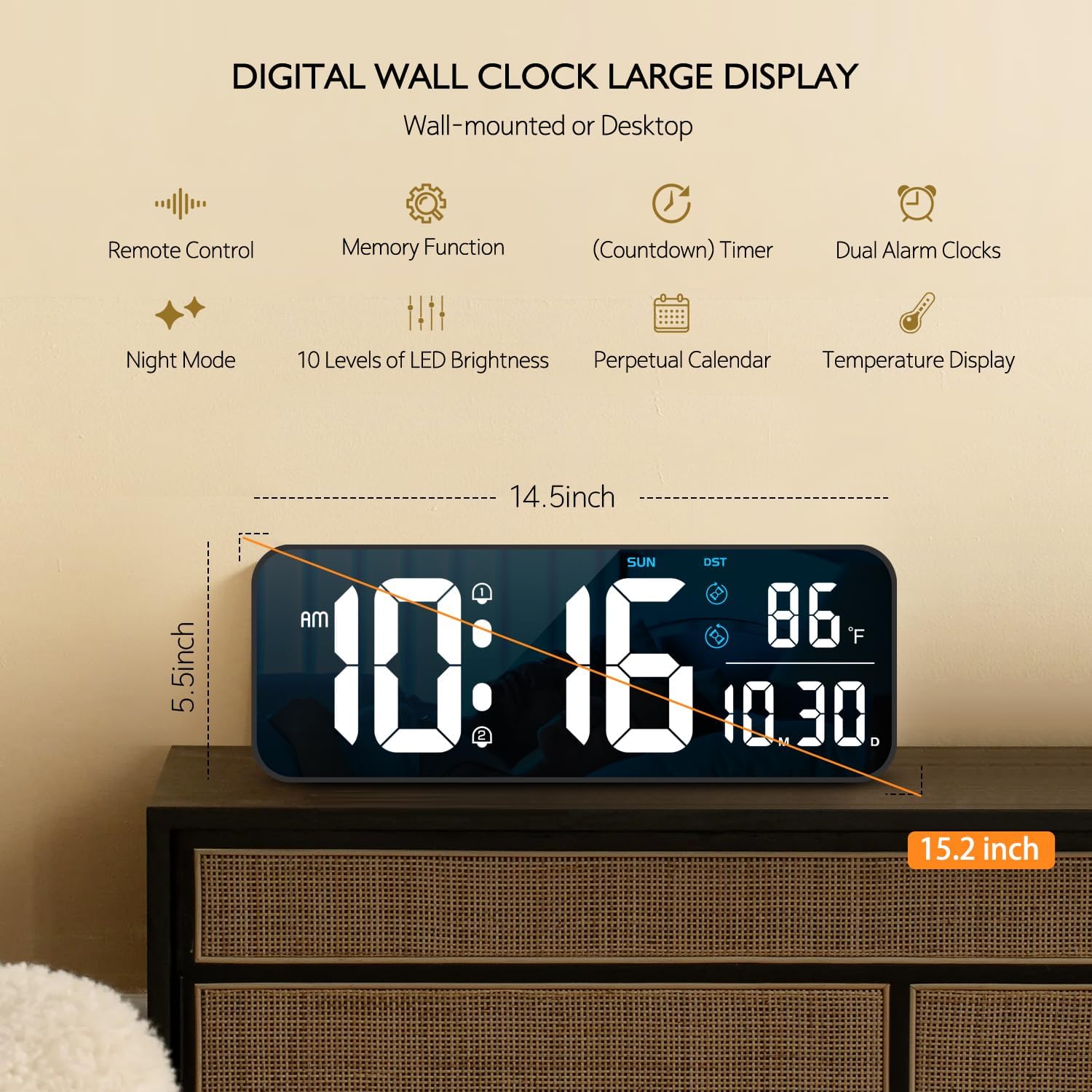 Reloj de pared digital, pantalla LED grande de 15.2 pulgadas con control remoto, 2 despertadores, DST, atenuación automática, 1224 horas,