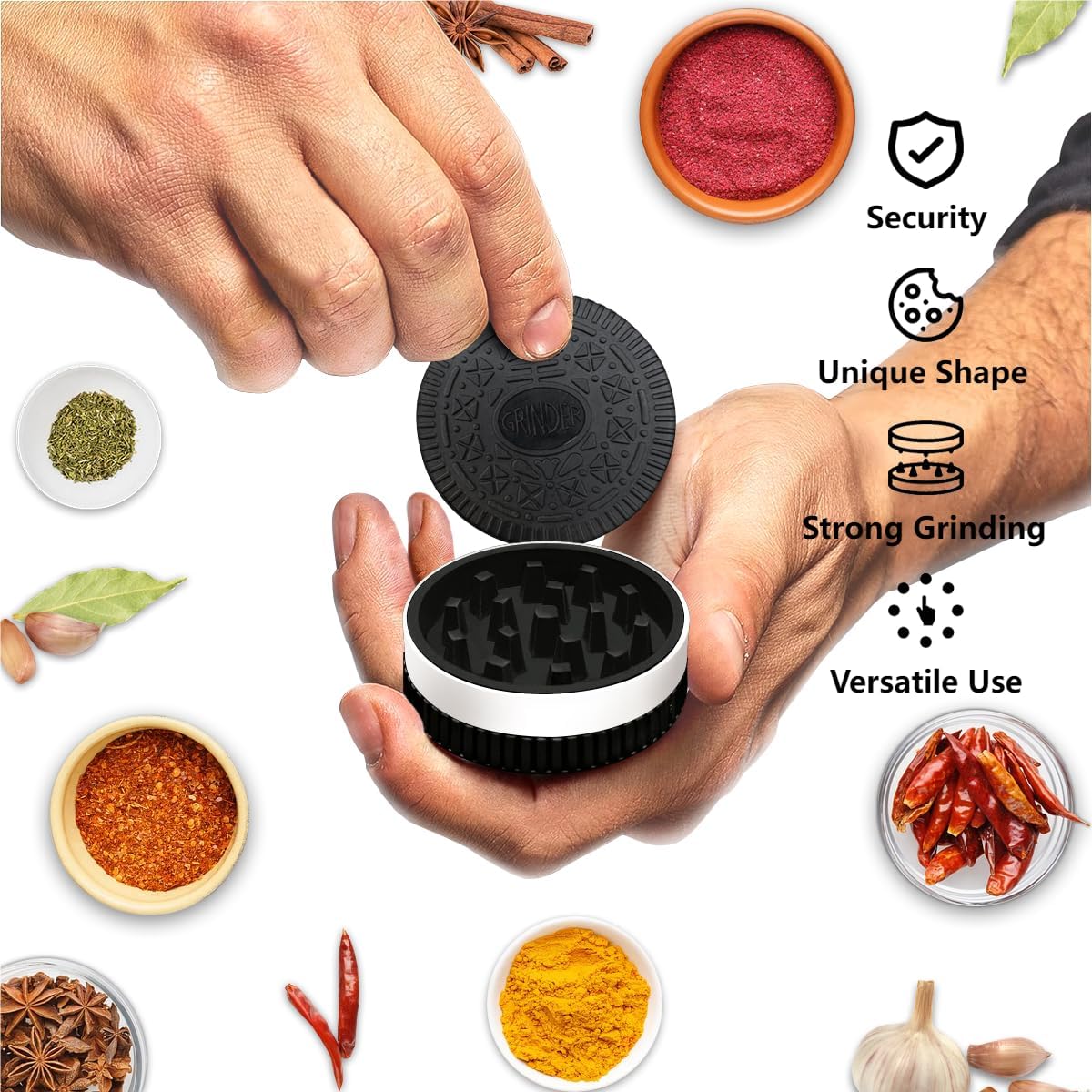 Molinillo, molinillo de diseño en forma de galleta de agarre más fuerte de 2.2 pulgadas (individual, negro)