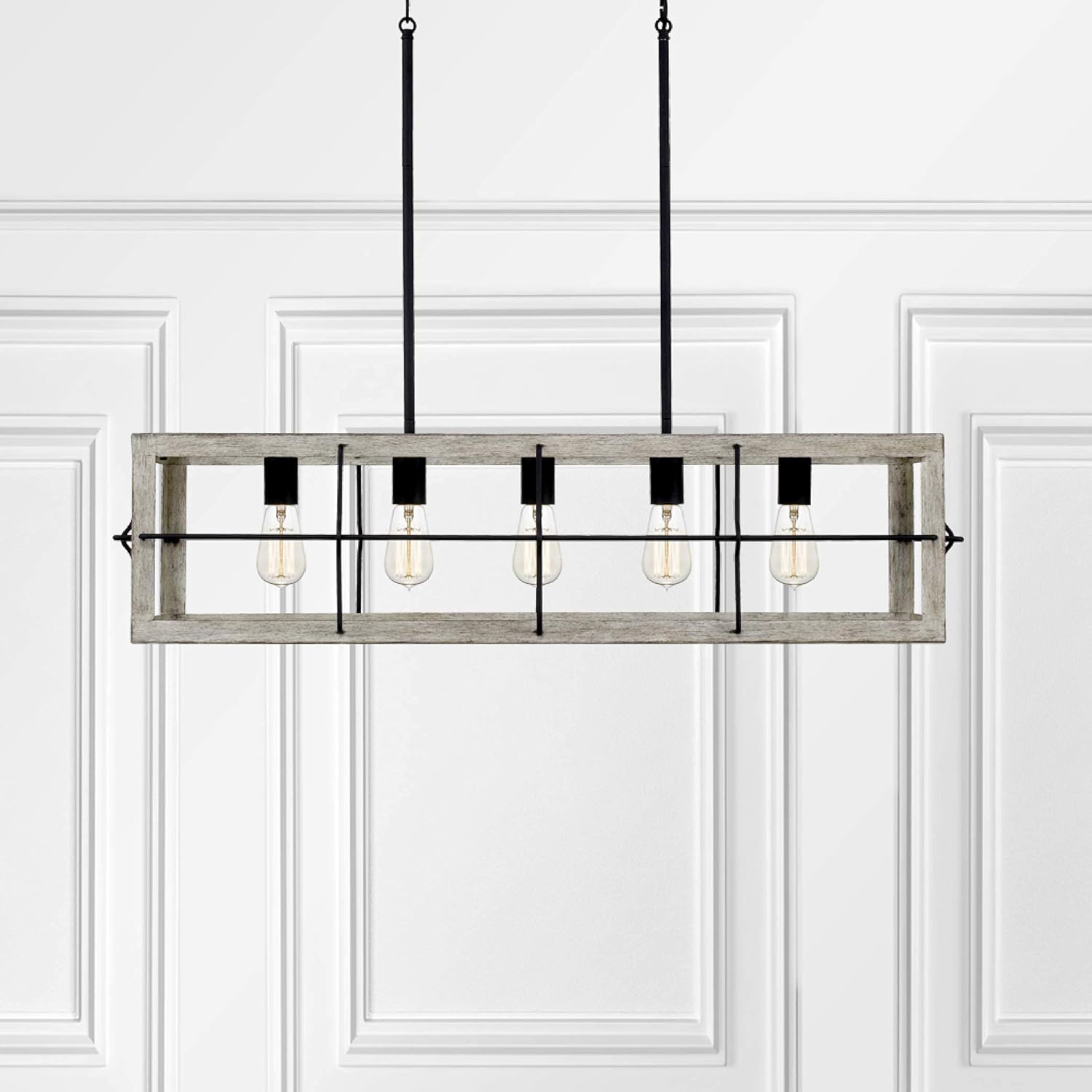 Amos Modern Farmhouse – Lámpara de isla de 5 luces con pantalla de madera clara pintada a mano para comedor, cocina en costa, granja, industrial,