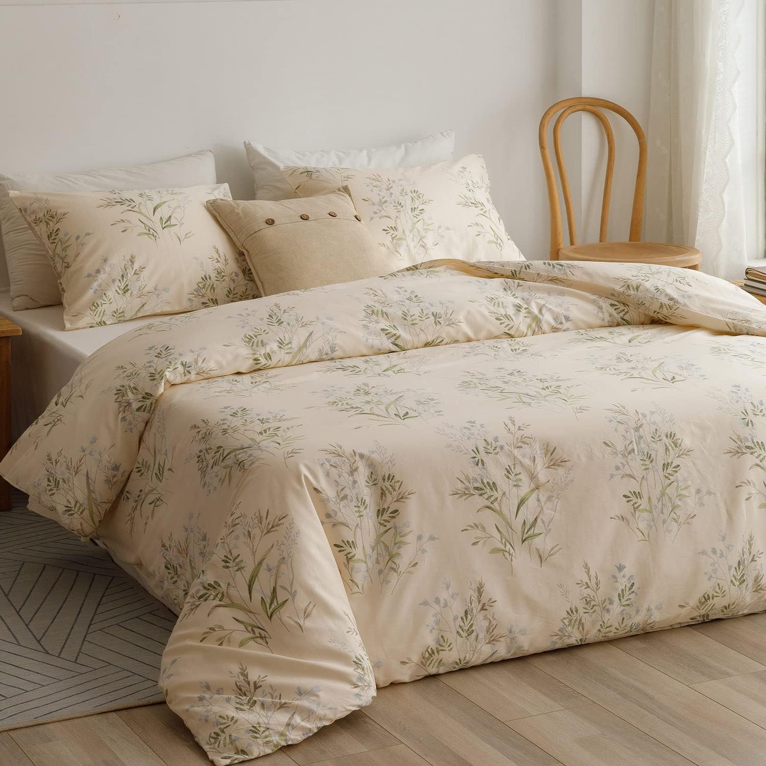 ECOCOTT – Juego de funda de edredón con diseño de jardín floral elegante, blanco, 3 piezas, 100% algodón natural, 1 funda de edredón con cremallera