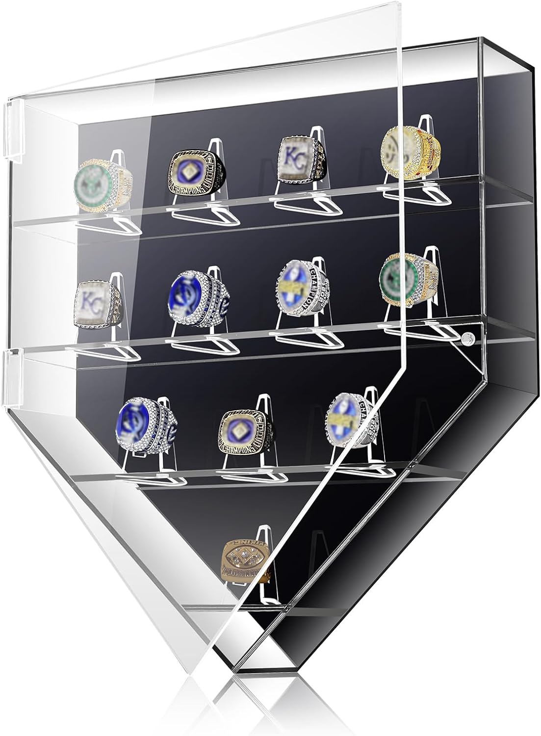 Remuuly Vitrina para anillo de campeonato, 12 postes de anillo, soporte para anillo de béisbol, baloncesto, softbol, caja de exhibición con puerta