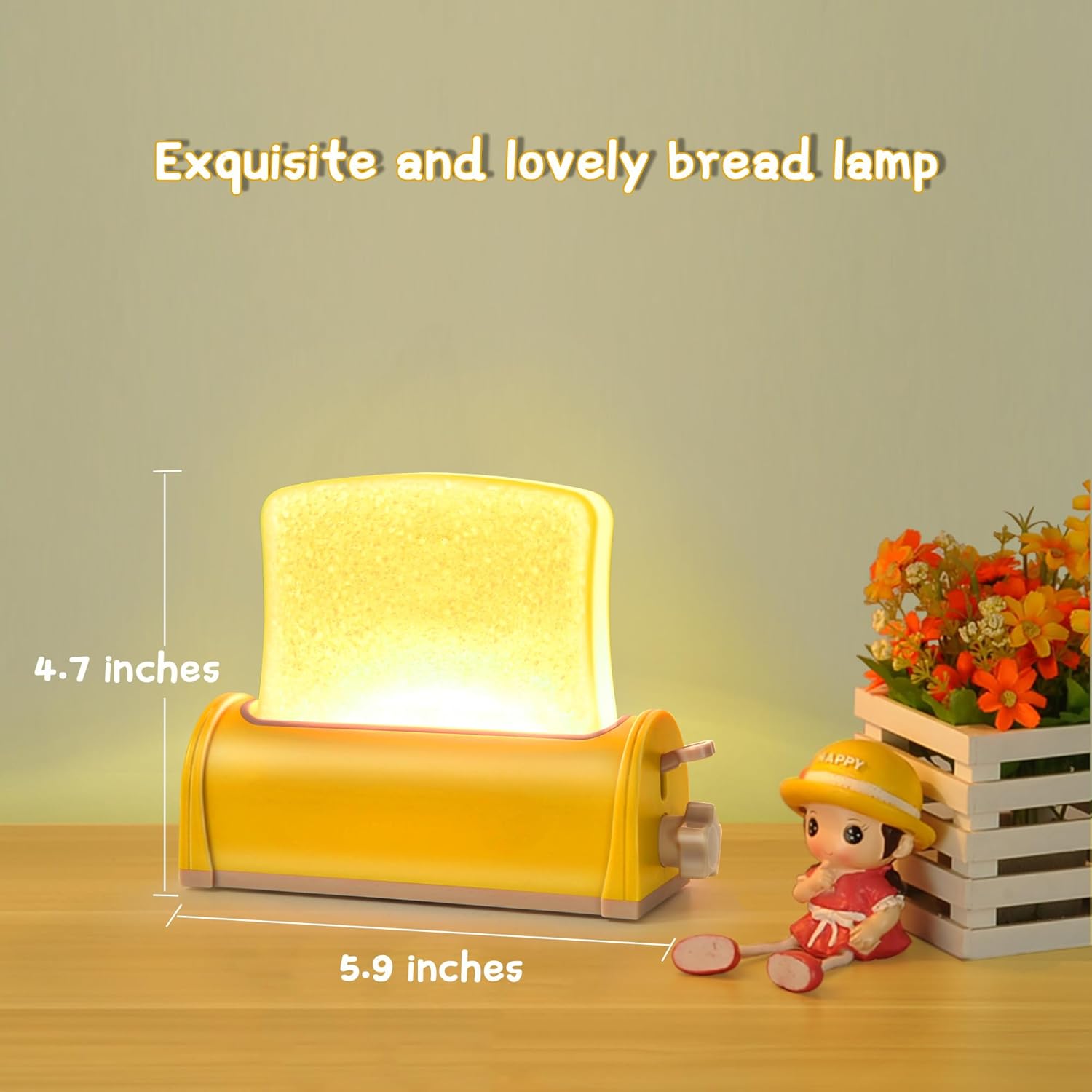 Luz nocturna emulada de pan tostado, luz blanca cálida suave y luz LED de 7 colores, lámpara de noche regulable para niños, batería recargable y