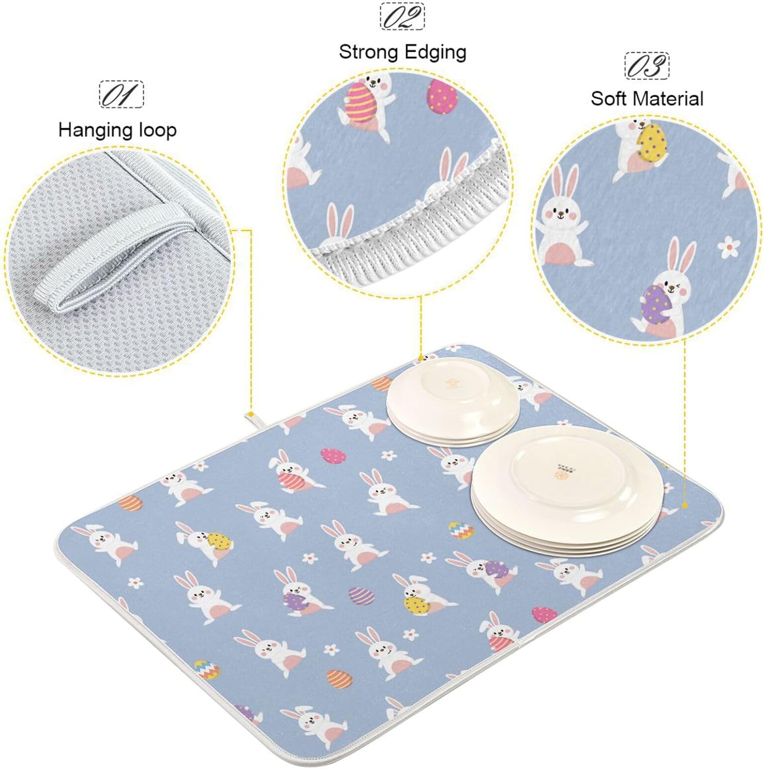 Happy Bunny Easter Eggs Dish Mat Washnable Absorbent Kitchen Mat Counter Dry Matt Tapete Para Cocina 16” x 18”