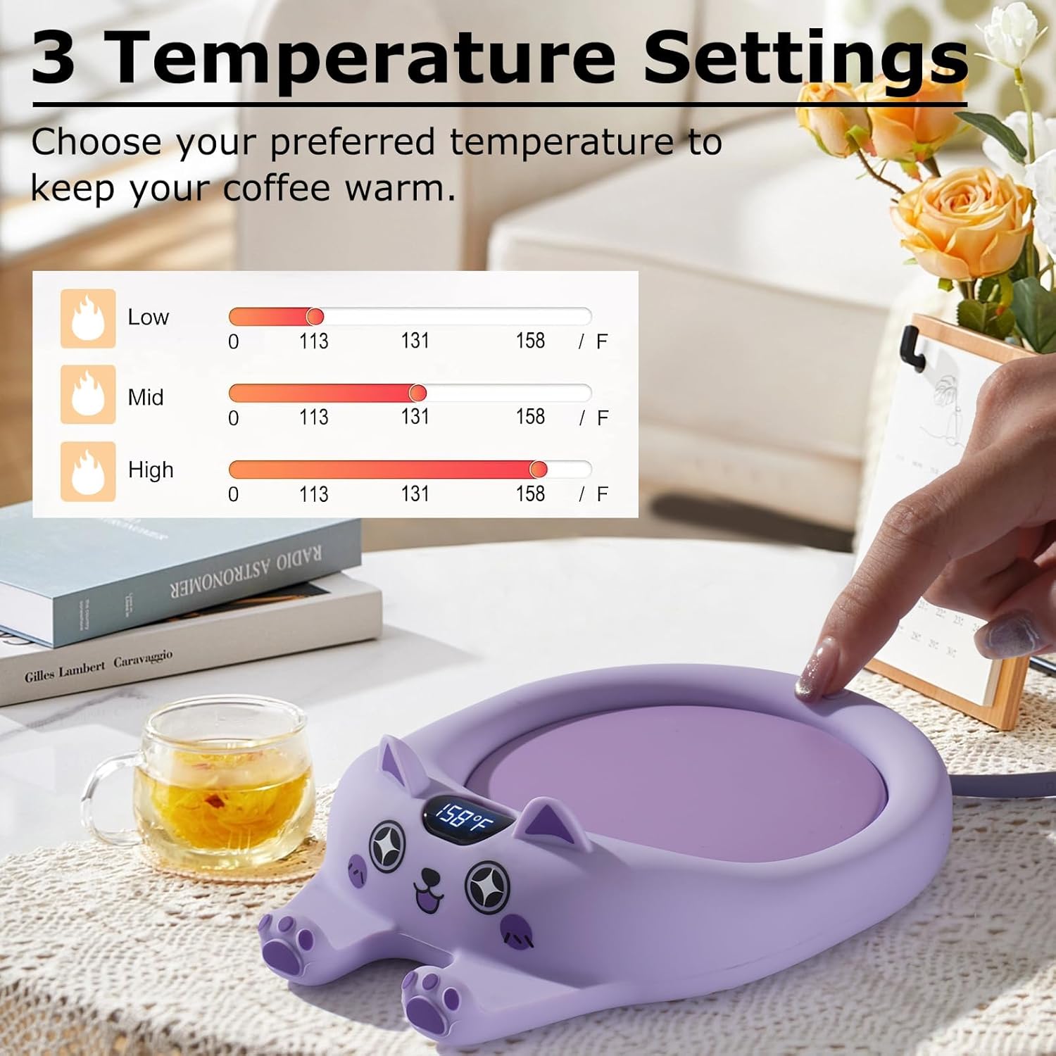 PUSEE Calentador de taza de café con apagado automático, calentador de café de 3 temperaturas para escritorio, placa calentador de velas derrite de