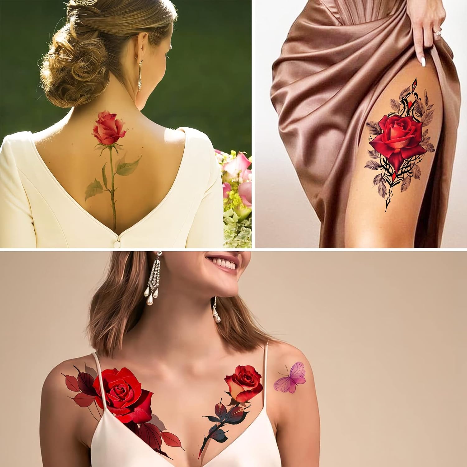 ROARHOWL Impresionantes tatuajes temporales de flores de rosas, tatuajes falsos de rosas grandes para mujer, juego de tatuajes de rosas (rosa 3)