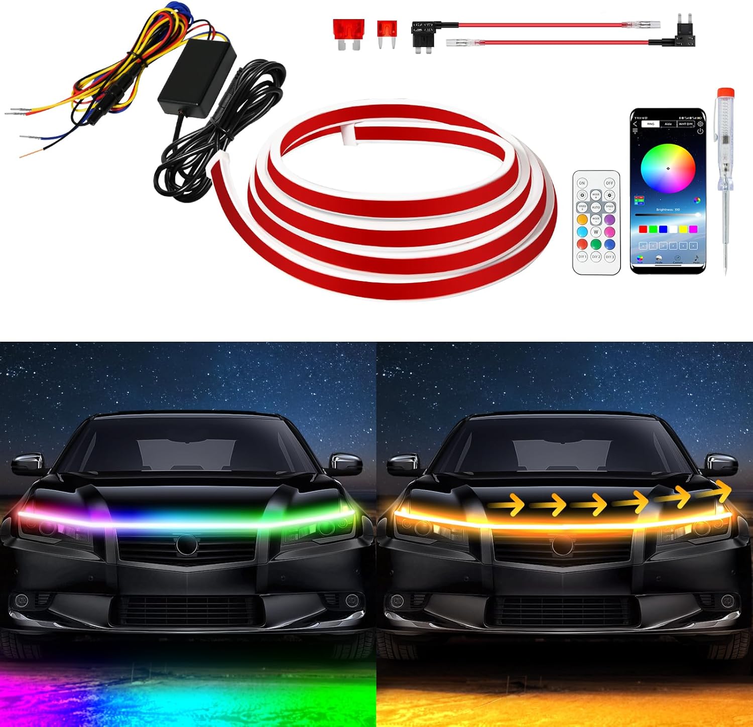 Tira de luz LED para capó de automóvil, RGB multicolor dinámico escaneo dinámico con aplicación y control remoto, 12 V actualizado, impermeable,