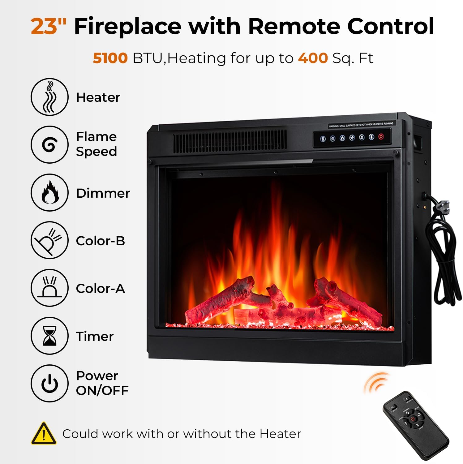 R.W.FLAME Soporte de TV con chimenea para TV de 60 pulgadas, moderno centro de entretenimiento con chimenea eléctrica de 23 pulgadas, muebles