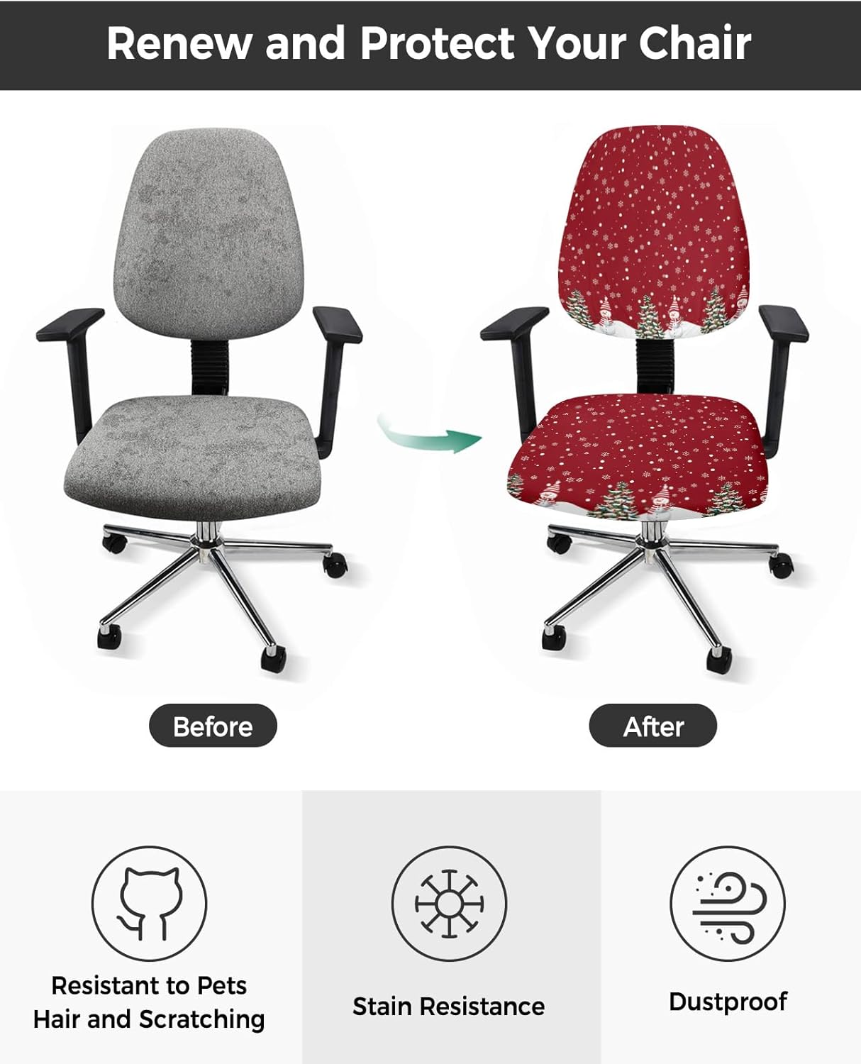 Juego de 2 fundas para sillas de oficina y computadora, diseño de copo de nieve rojo de Navidad, fundas elásticas para asiento de silla giratoria de