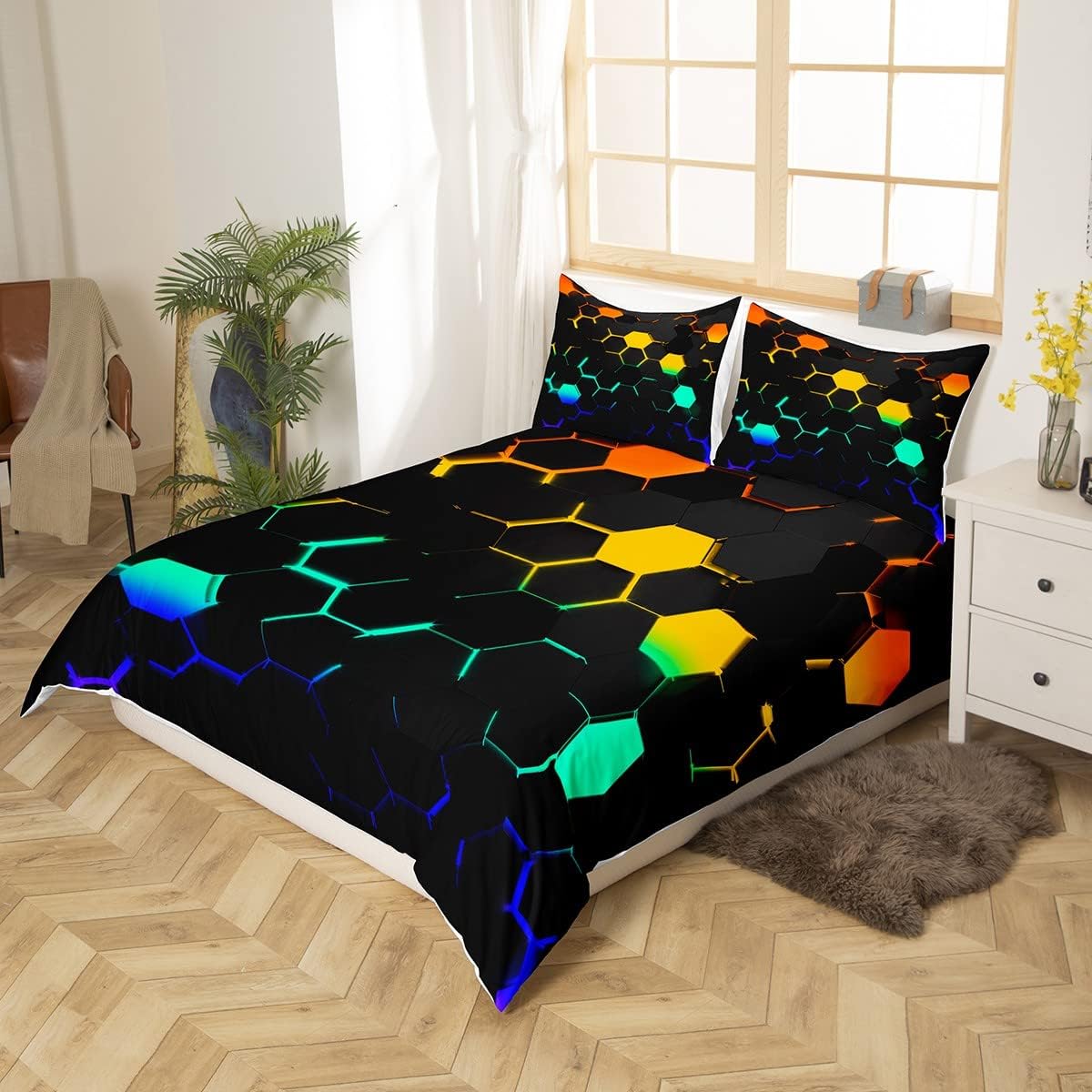 Juego de ropa de cama de panal 3D tamaño Queen, juego de funda de edredón hexagonal de luz neón colorida de 3 piezas para niños, adolescentes y