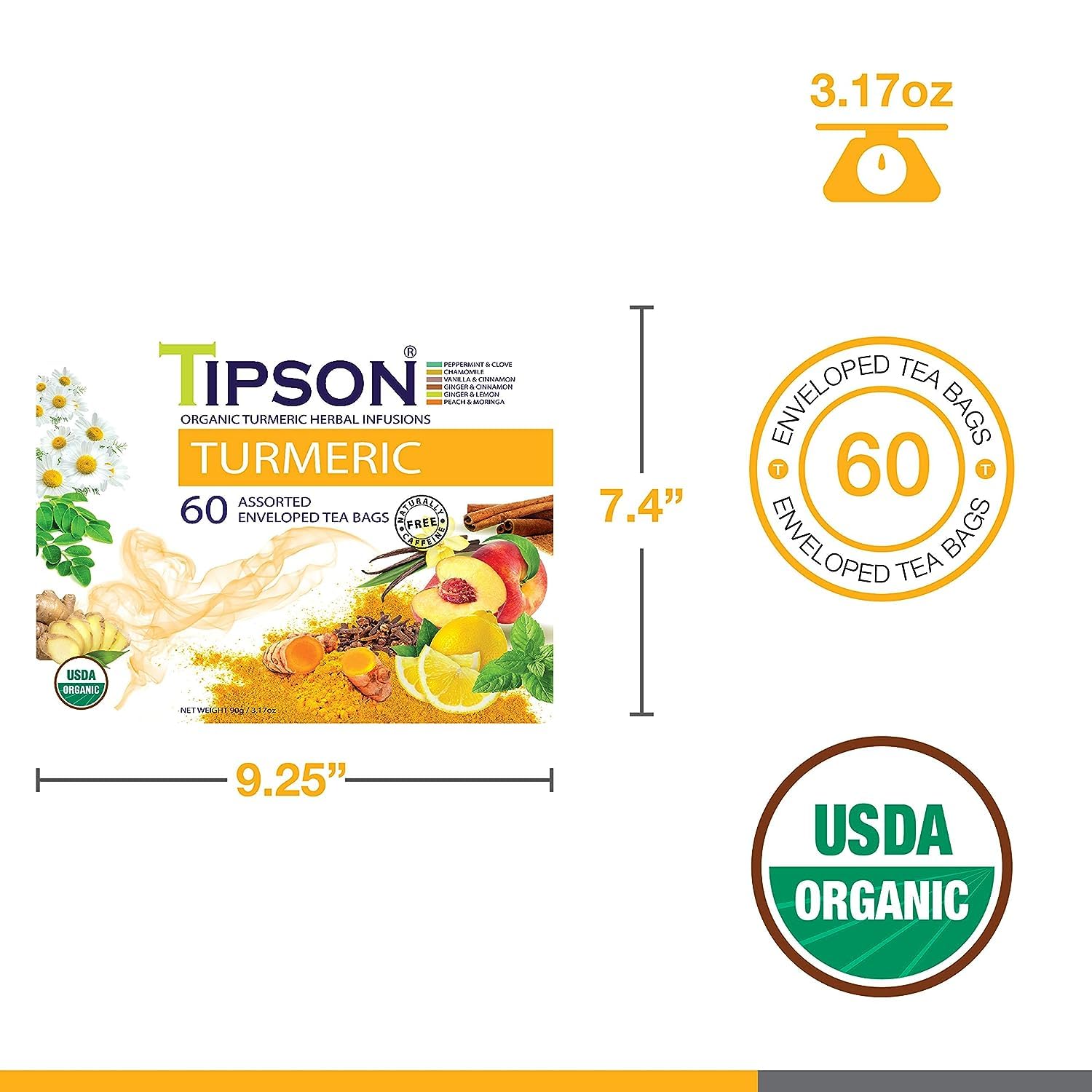 Tipson Té de hierbas de cúrcuma orgánica, 6 sabores surtidos, 60 bolsas de doble cámara con envoltura de aluminio, superalimento antioxidante, sin
