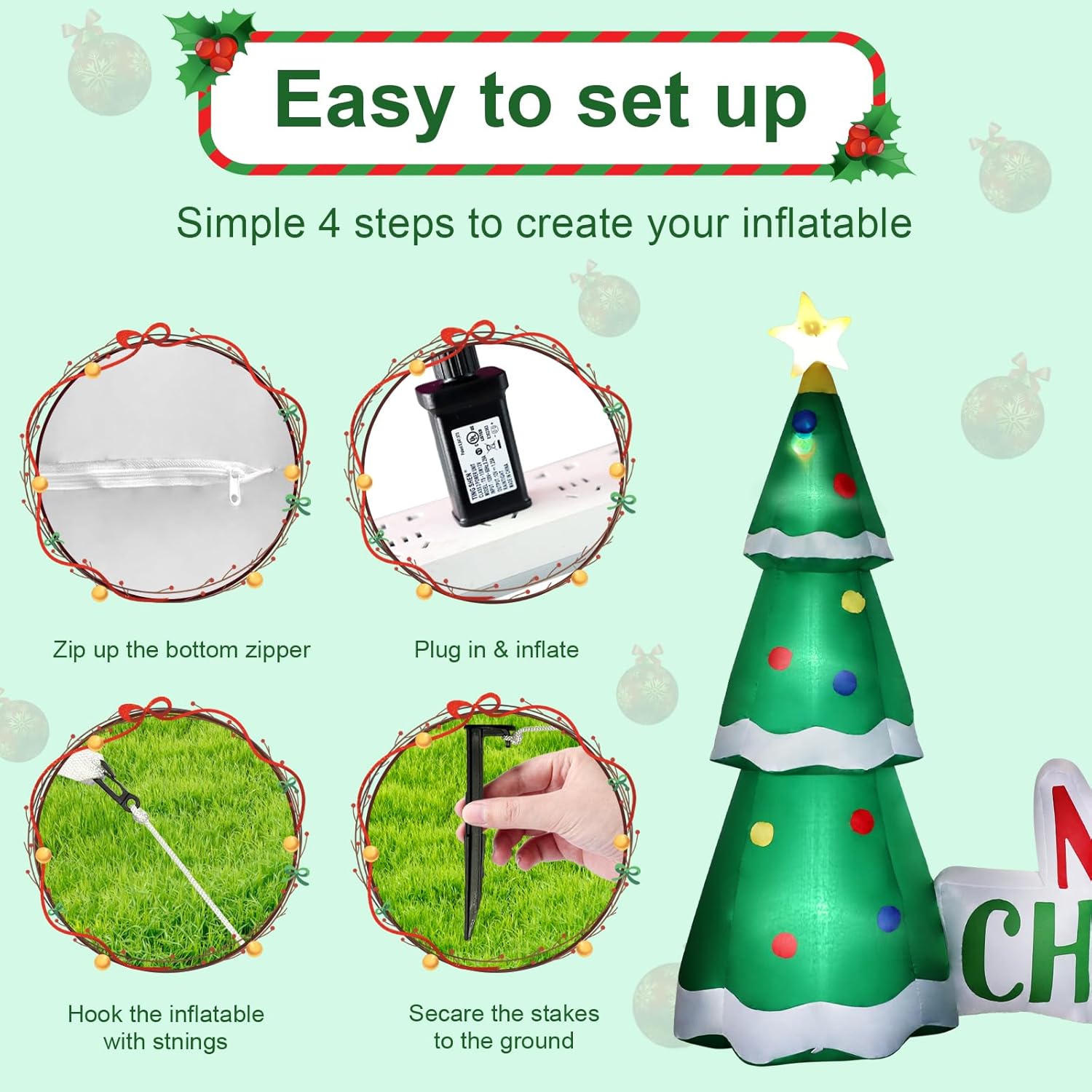 Decoraciones inflables de Navidad de 8 pies para exteriores, árbol de Navidad, decoración inflable de patio con luces LED para interiores y