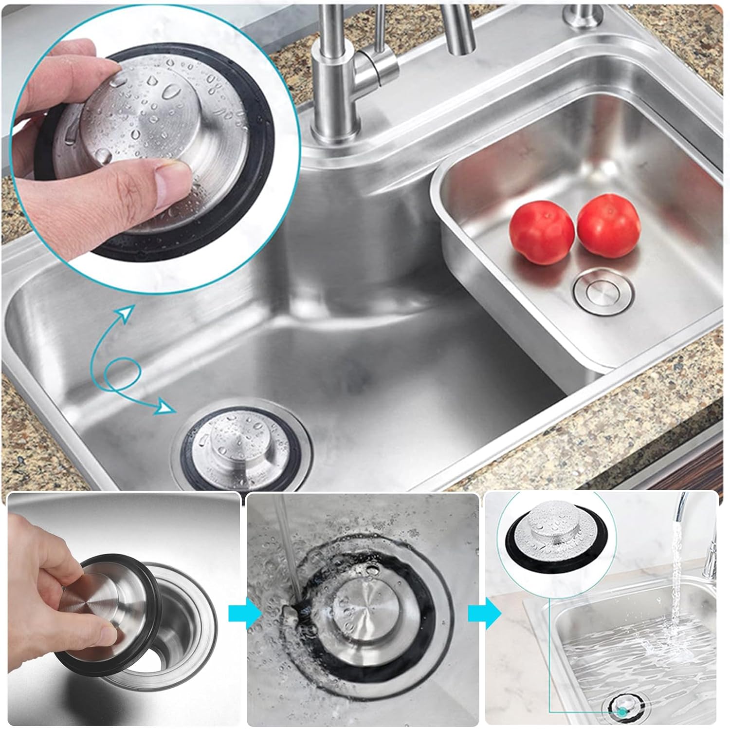 4 coladores de drenaje para fregadero de cocina, tapa de fregadero de 3.37 pulgadas + tapón de eliminación de basura de 4.4 pulgadas, coladores de